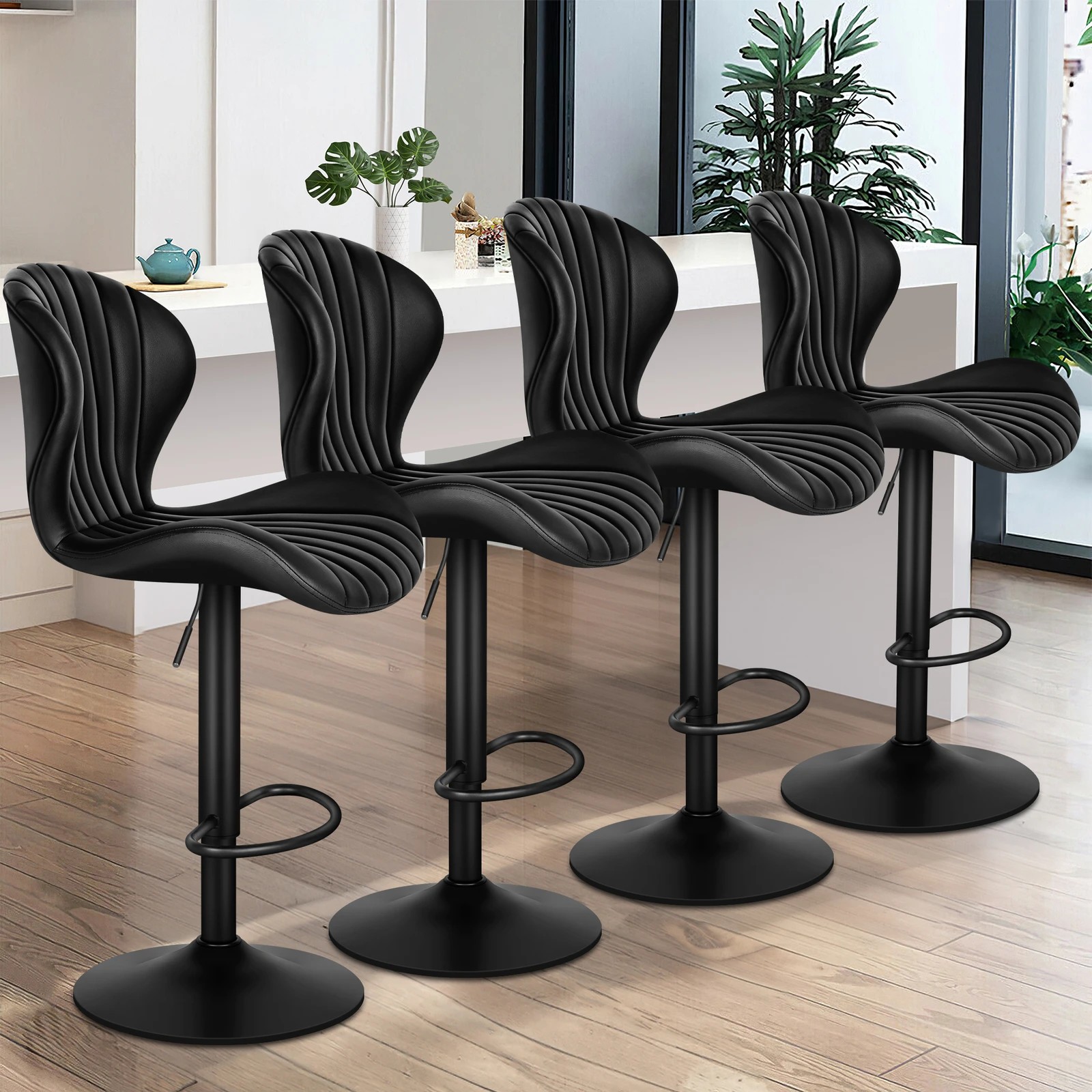 10 Alfordson 4x Bar Stools Gas Lift Leather Bar Chairs Kitchen Swivel Stella - Black, 10 of 10
