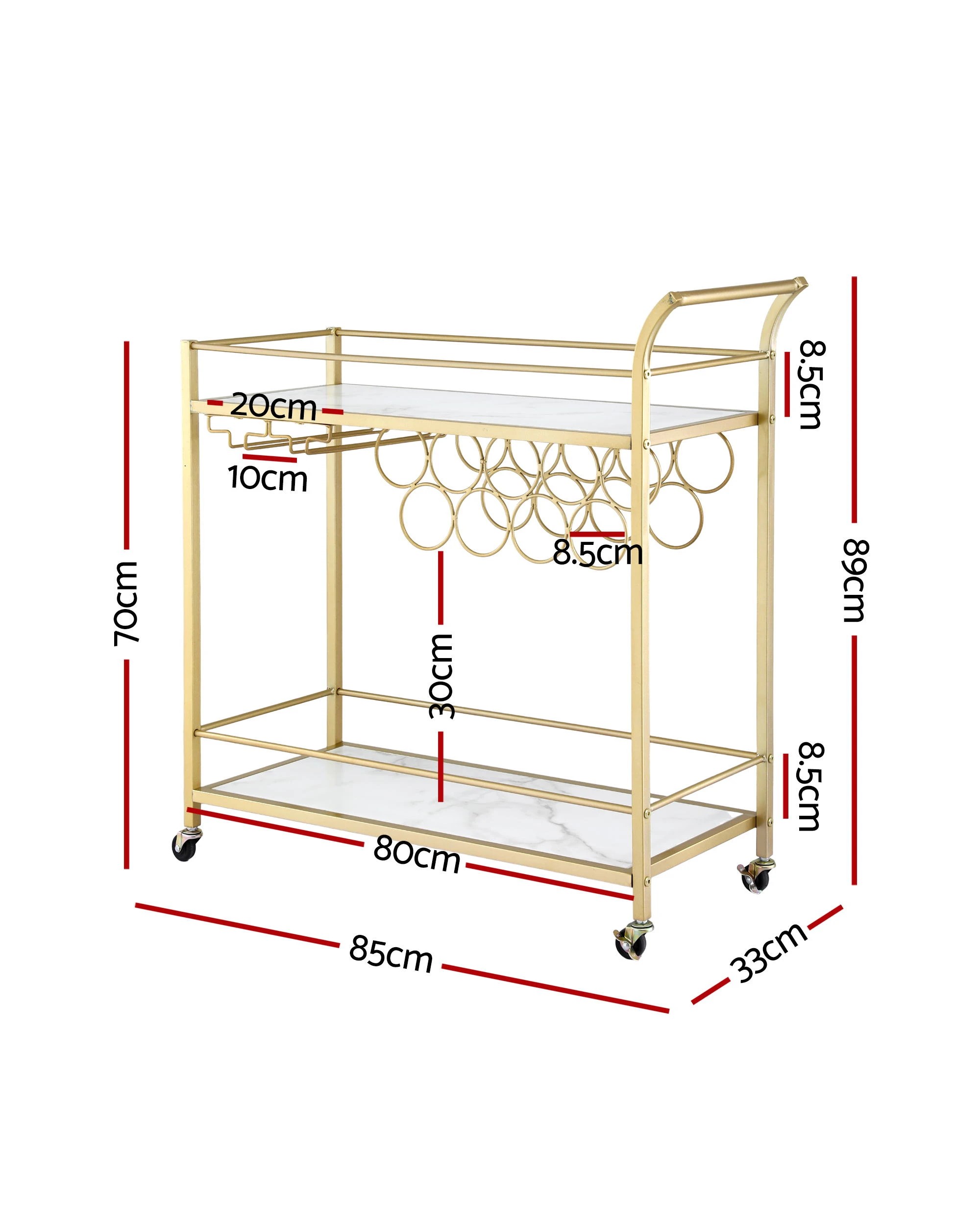 3 Artiss Bar Cart Drinks Trolley Serving Wine Rack Glass Holder Marble 85cm - Gold, 3 of 8