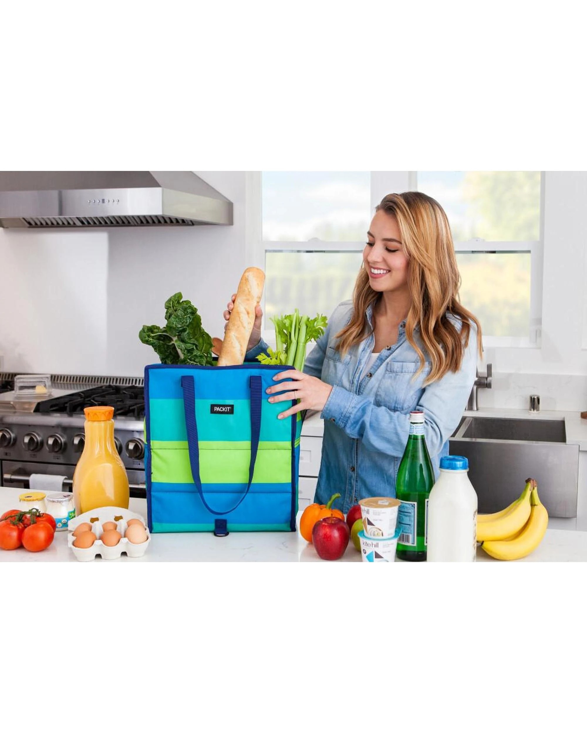 4 Packit Freezable Grocery Tote Bag Fresh Stripes Blue, 4 of 5