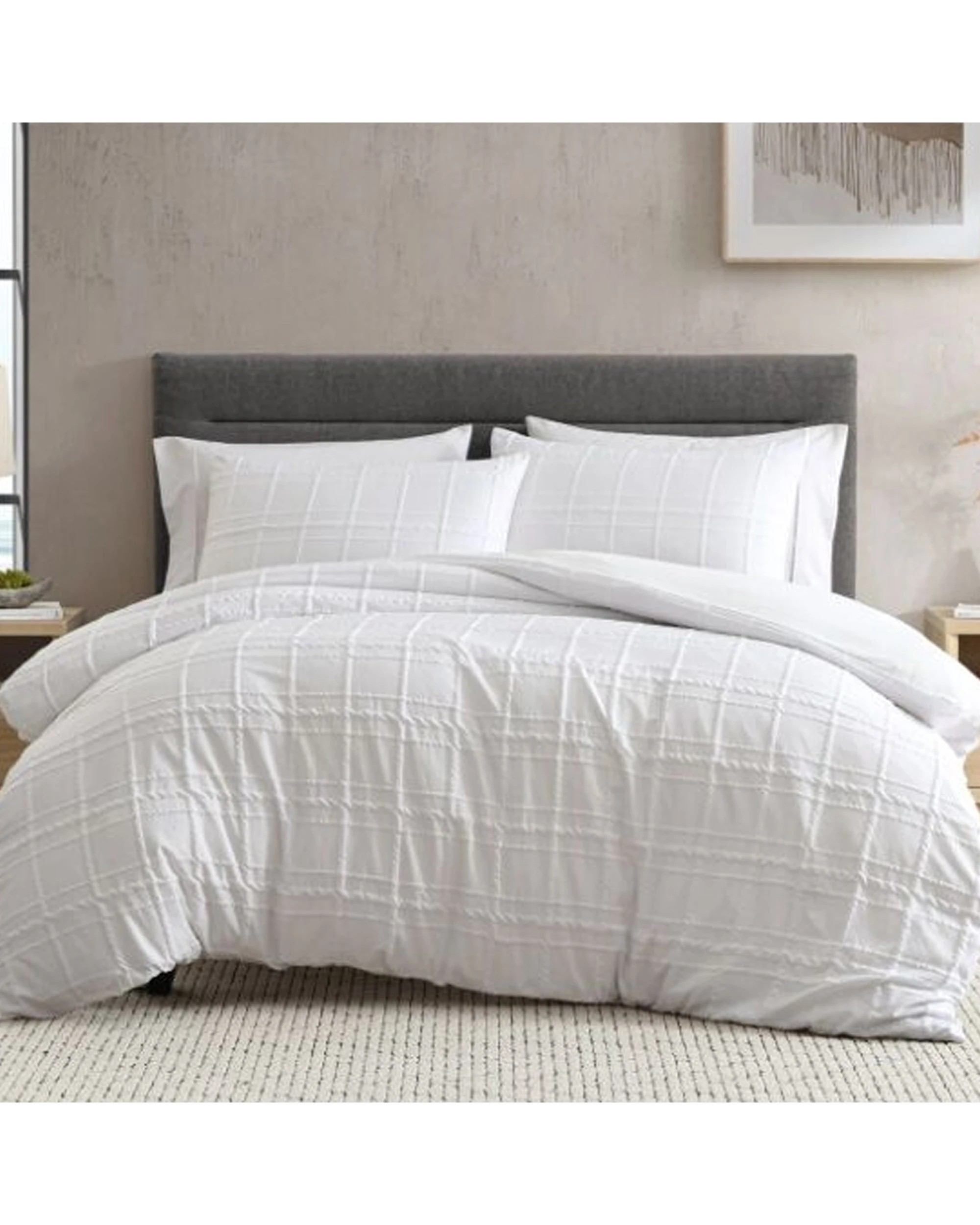 1 Ardor Subtle Textured Check Leonard Quilt Bed Bedding Duvet Cover Set Queen - White, 1 of 1