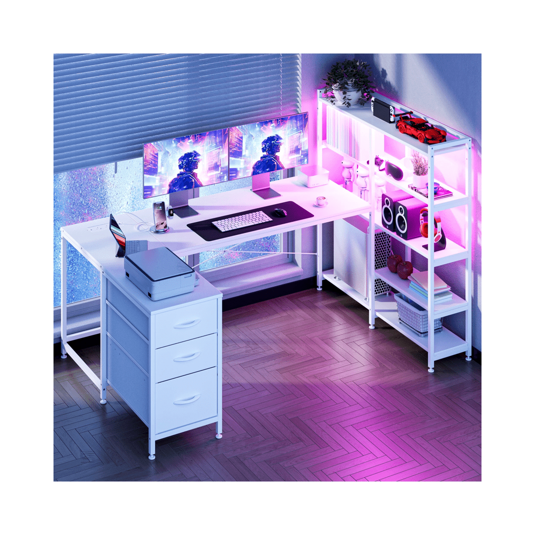 10 Advwin U Shaped Gaming Desk With Led Lights & Power Outlets Reversible 164cm Computer Desk With Bookshelf White, 10 of 10