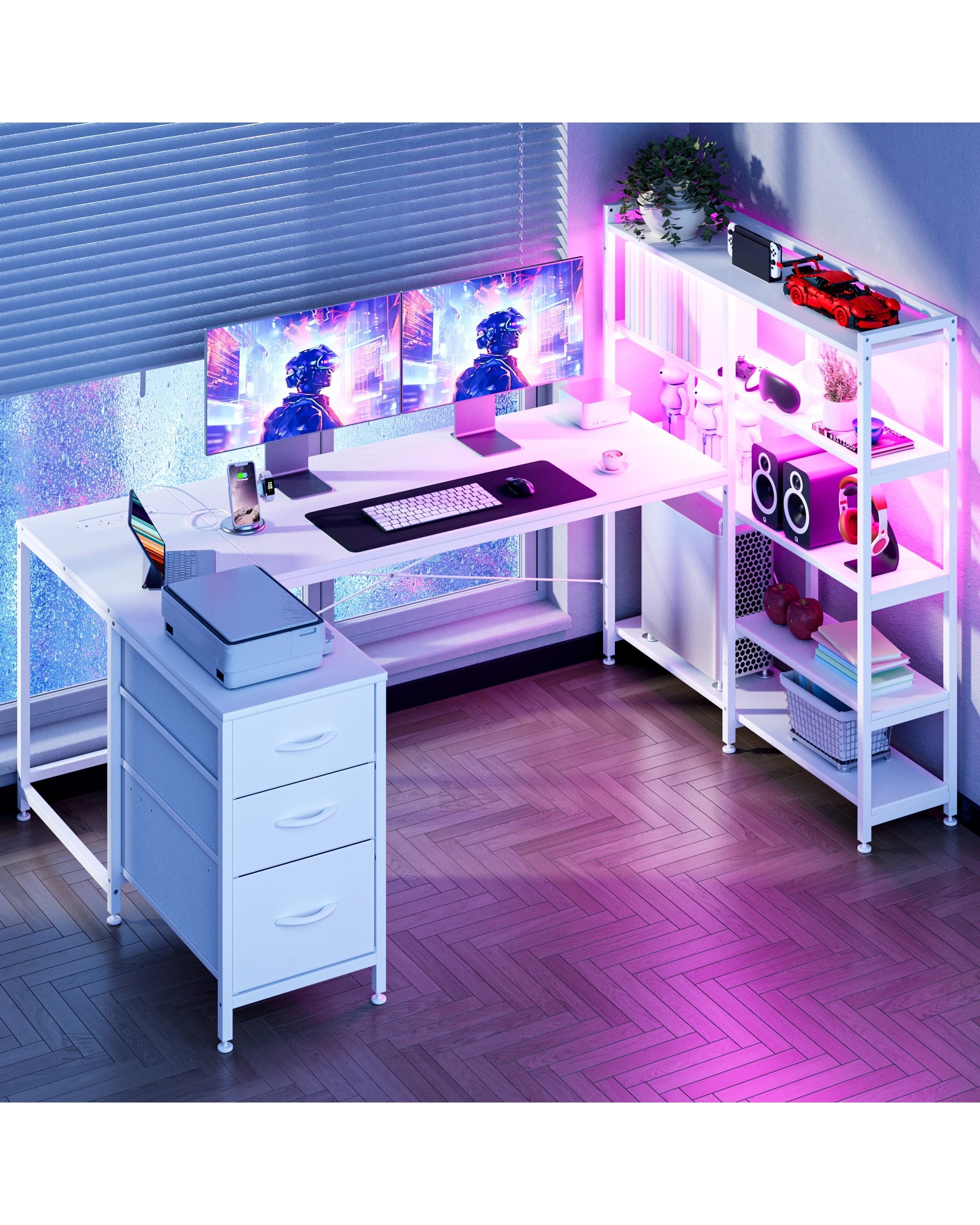 9 Advwin U Shaped Gaming Desk With Led Lights & Power Outlets Reversible 164cm Computer Desk With Bookshelf, 9 of 9