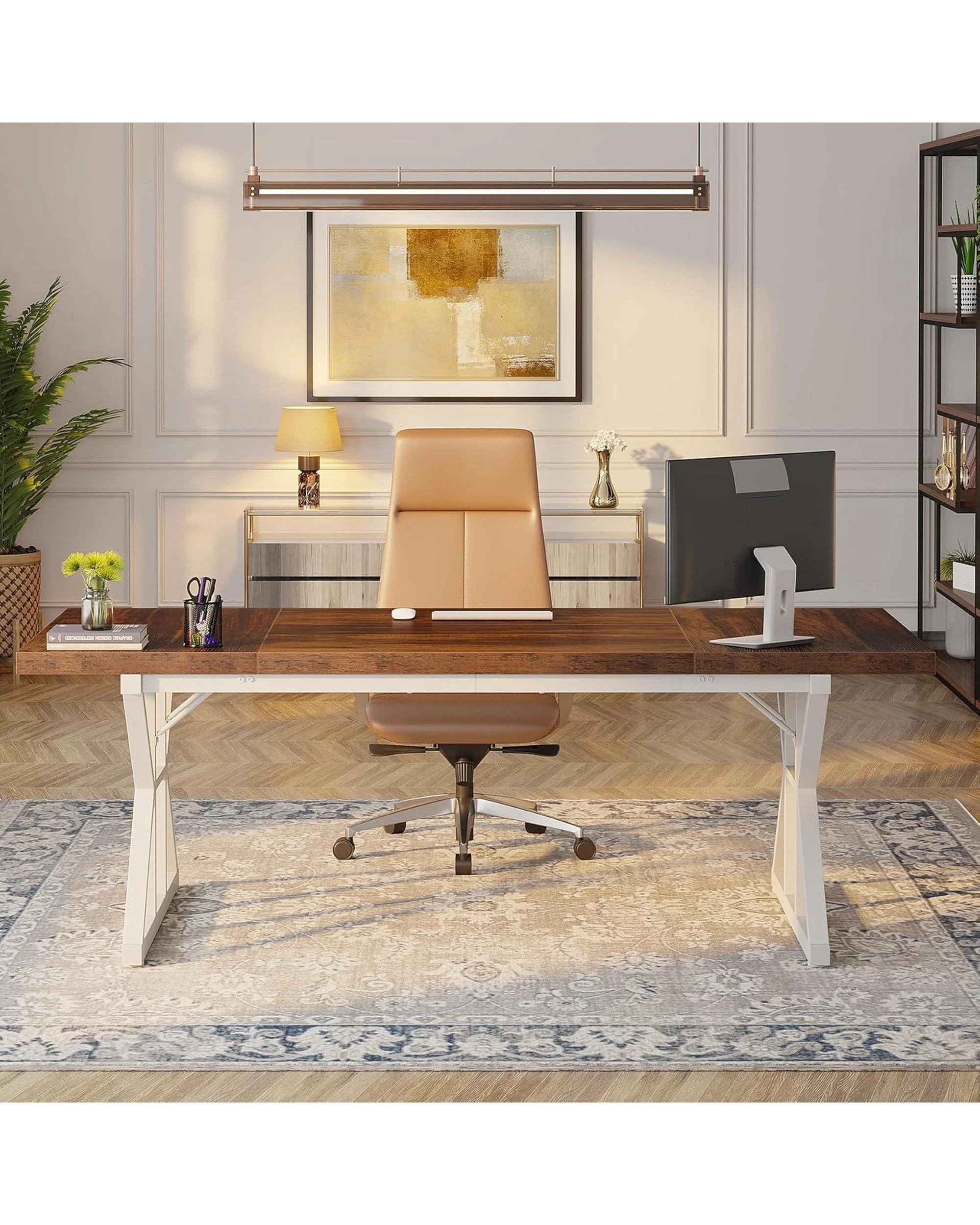 4 OAKORY 180cm Home office Desk with Metal X-shaped Trestle legs Brown & White, 4 of 5