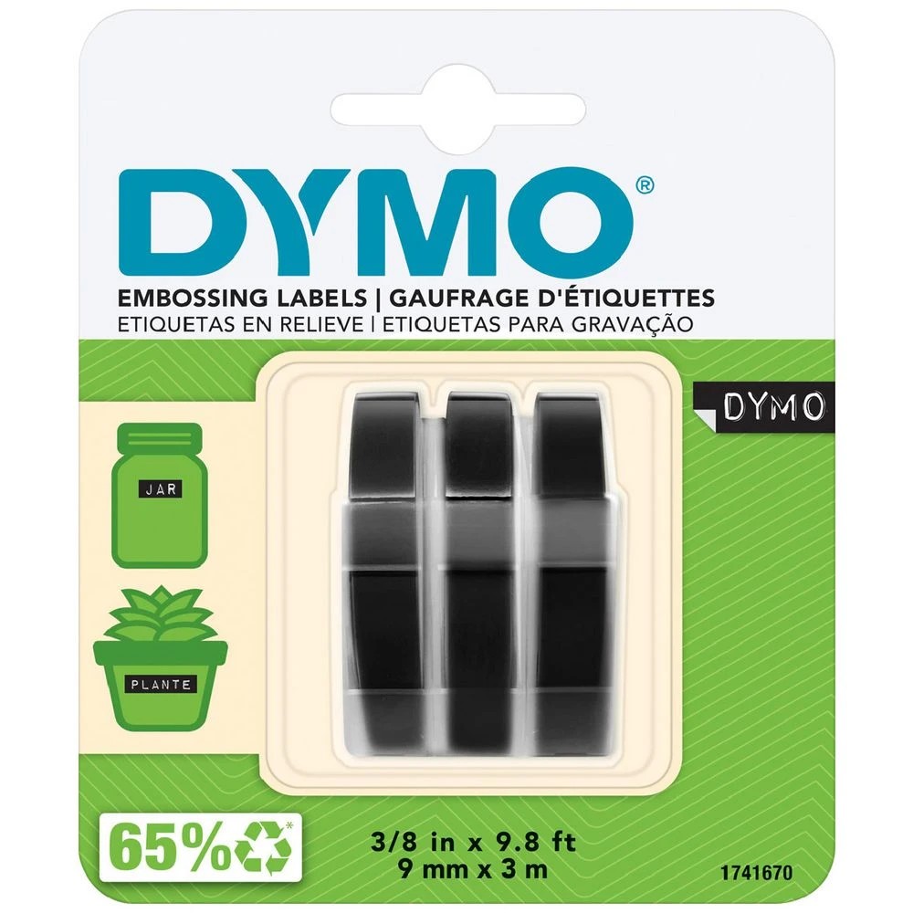 1 DYMO Embossing Tape 9mm x 3m Black 3 Pack, 1 of 5