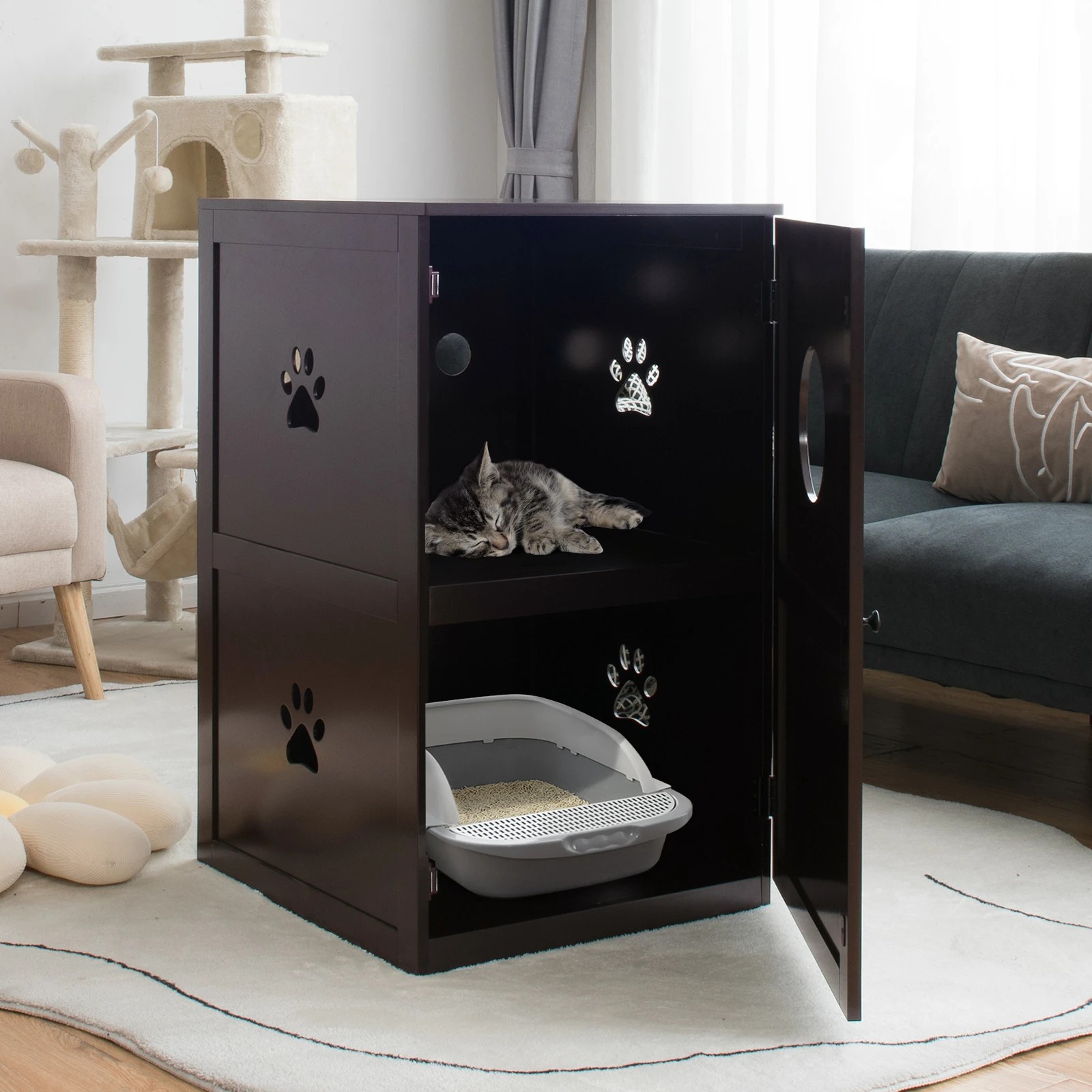 3 Costway 2-Tier Cat Litter Box Wood Storage Cabinet Enclosed Kitten Washroom - Brown, 3 of 5