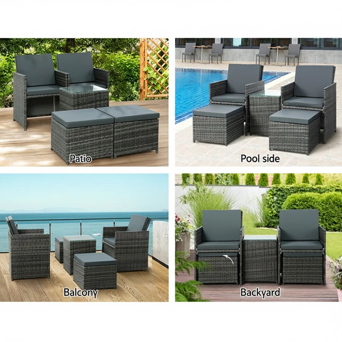 5 Gardeon 5PC Bistro Set Wicker Table and Chairs Ottoman Outdoor Furniture - Grey, 5 of 5