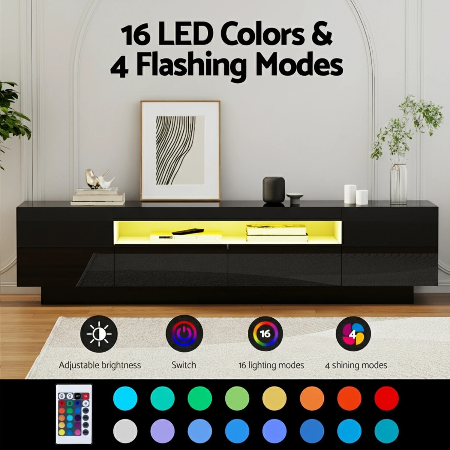 7 Artiss TV Unit Entertainment Unit Storage Drawer RGB LED 180cm - Black, 7 of 9