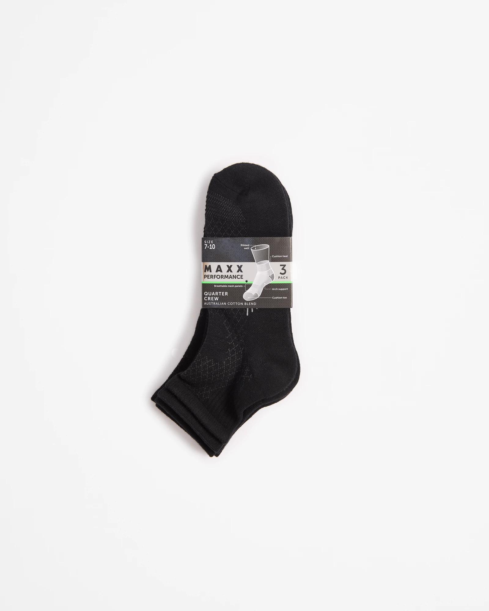 3 Australian Cotton Blend 3 Pack Quarter Crew Performance Socks - Maxx BLACK, 3 of 3