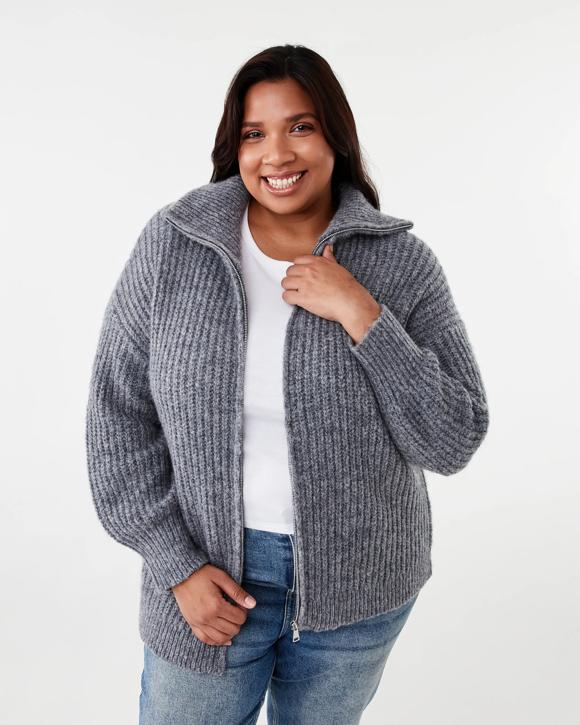 Curve Long Sleeve Chunky Knit Zip Through Sweatshirt