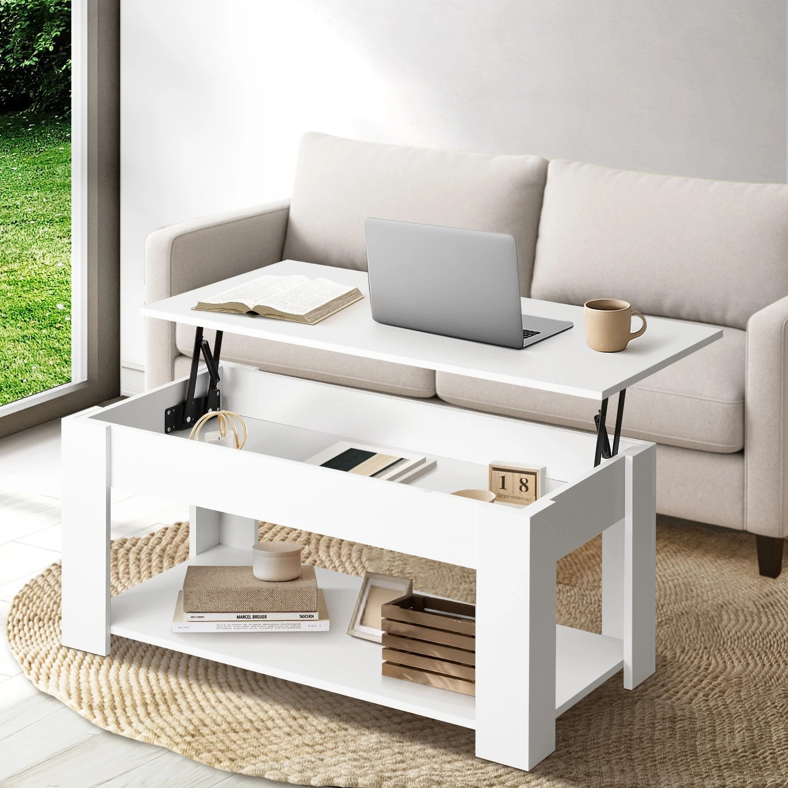 2 Oikiture Coffee Table Lift Up Top Modern Tables Hidden Book Storage
 - White, 2 of 10