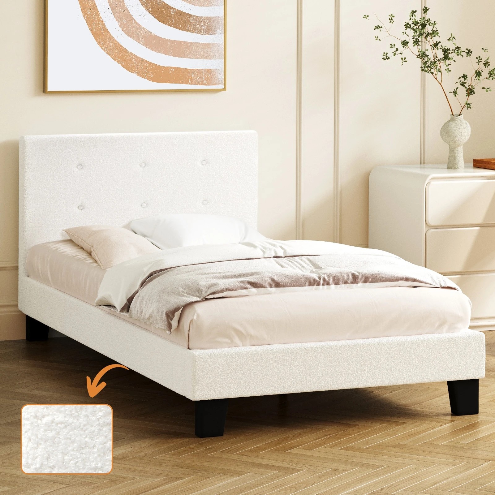 3 Oikiture Bed Frame Single Size Bed Platform Boucle - White, 3 of 7