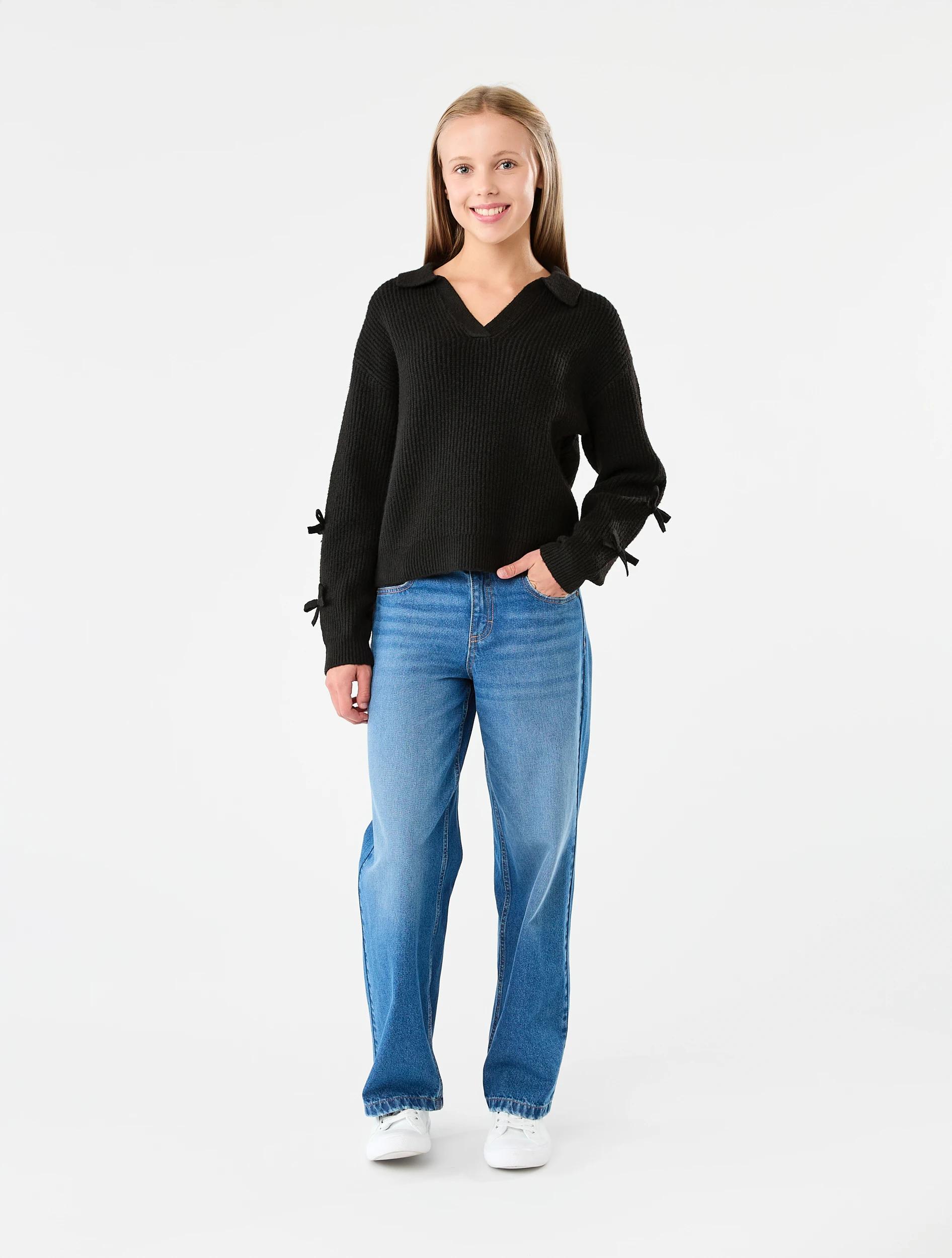 6 Bow Sleeve Rugby Knit Top Black, 6 of 7