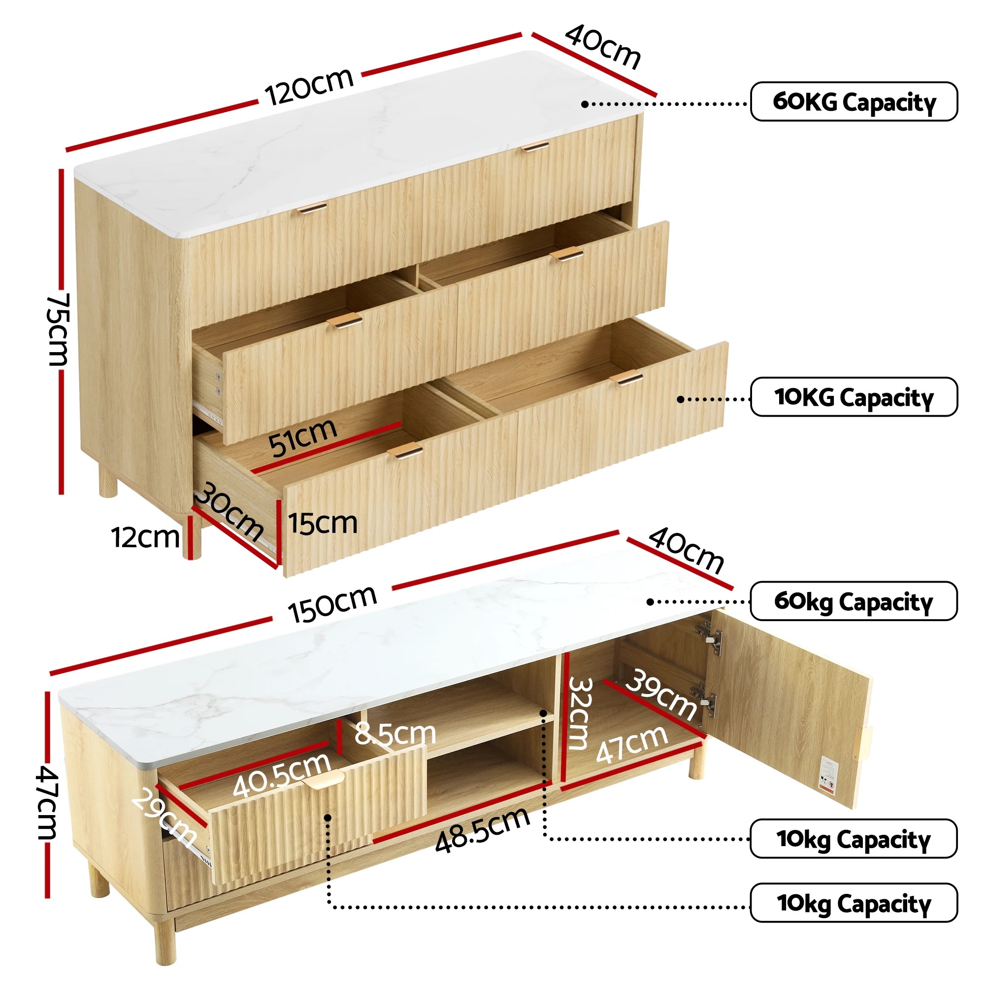 2 Artiss TV Unit & Chest of Drawers Set Solid Wood Legs - Natural, 2 of 3