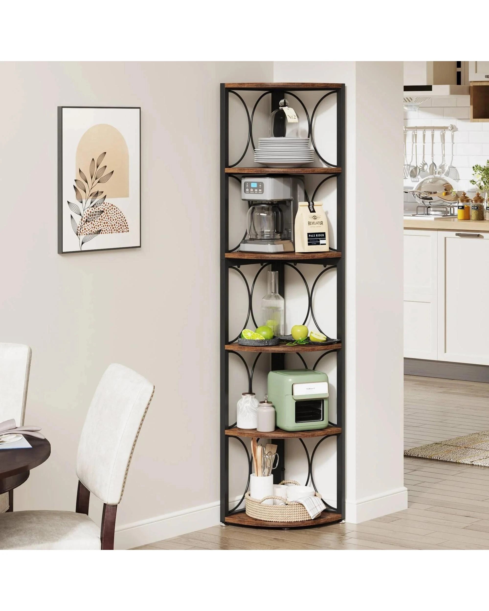 2 OAKORY 6-Tier Corner Shelf Freestanding Storage Rack with Rustic Finish and Metal Frame, 2 of 7
