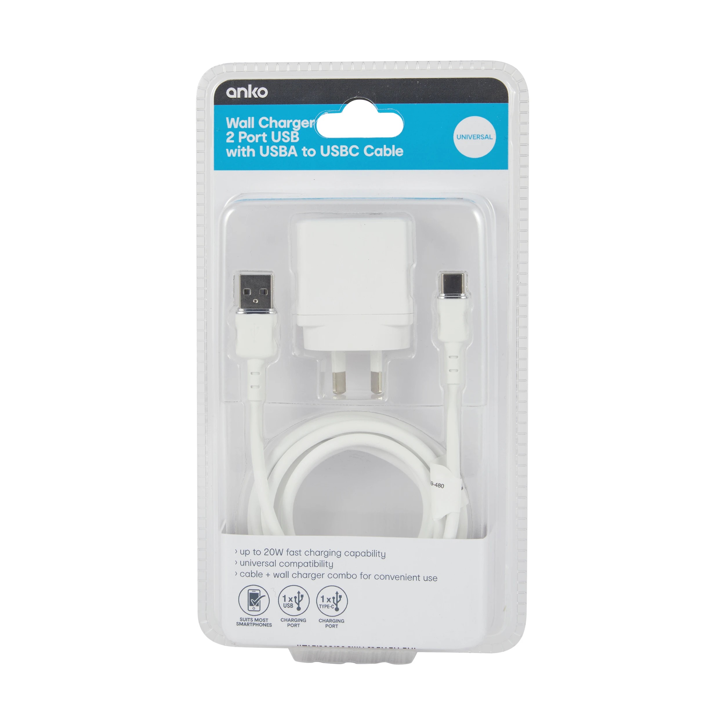 7 Wall USB Charger with USB-A to USB-C - White, 7 of 8