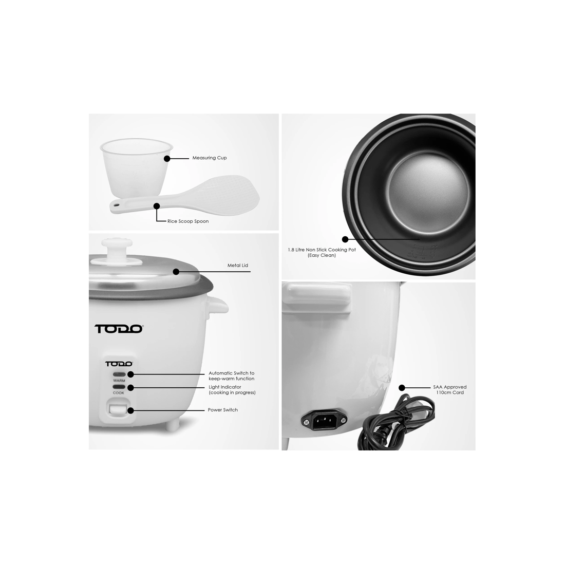 5 TODO 1.8L Rice Cooker 10 Cup Capacity 700W Spoon Cup Keep Warm Non Stick Pan, 5 of 6