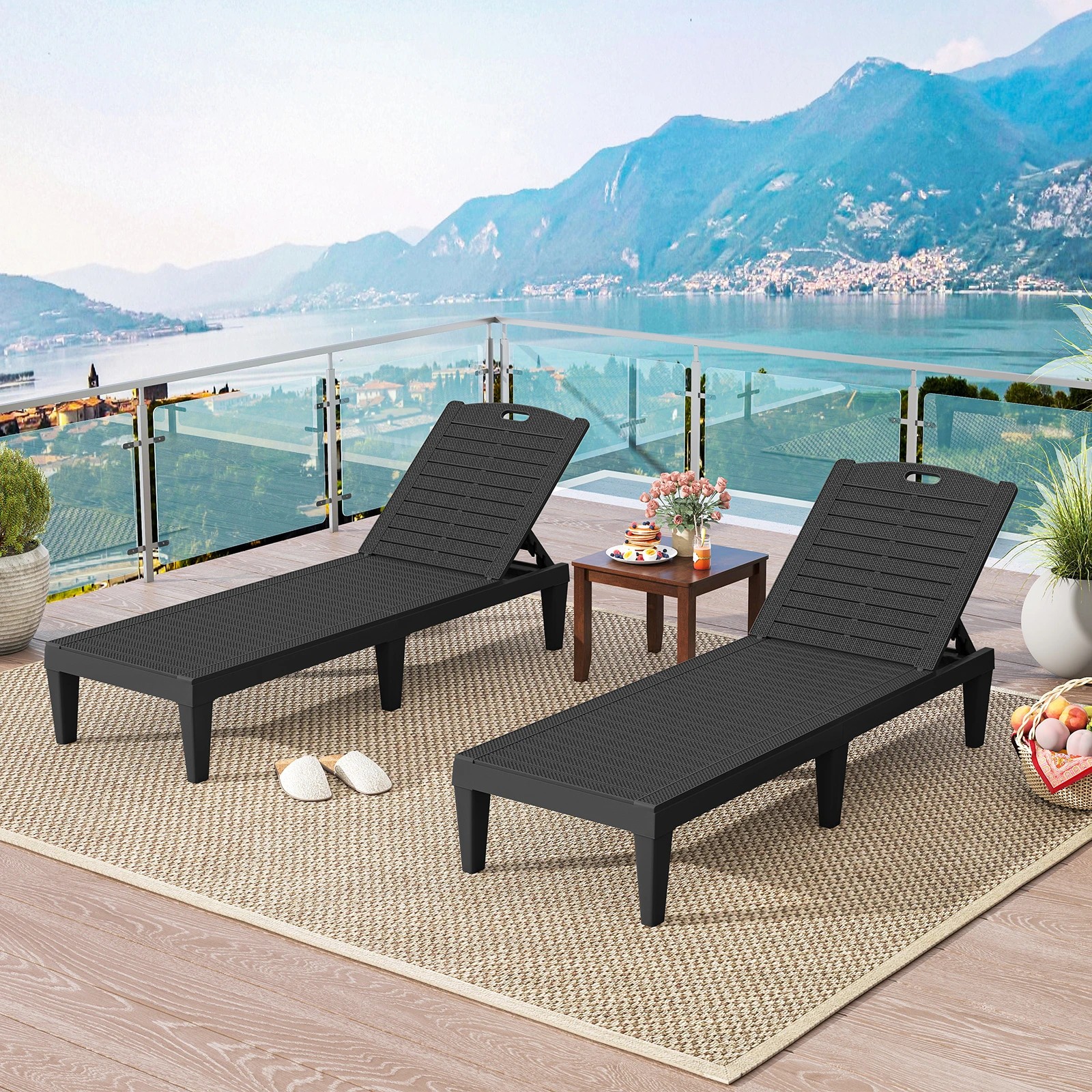5 Costway 2x Outdoor Lounge Chairs PP Recliner Lounger w/4-Position Backrests - Black, 5 of 6