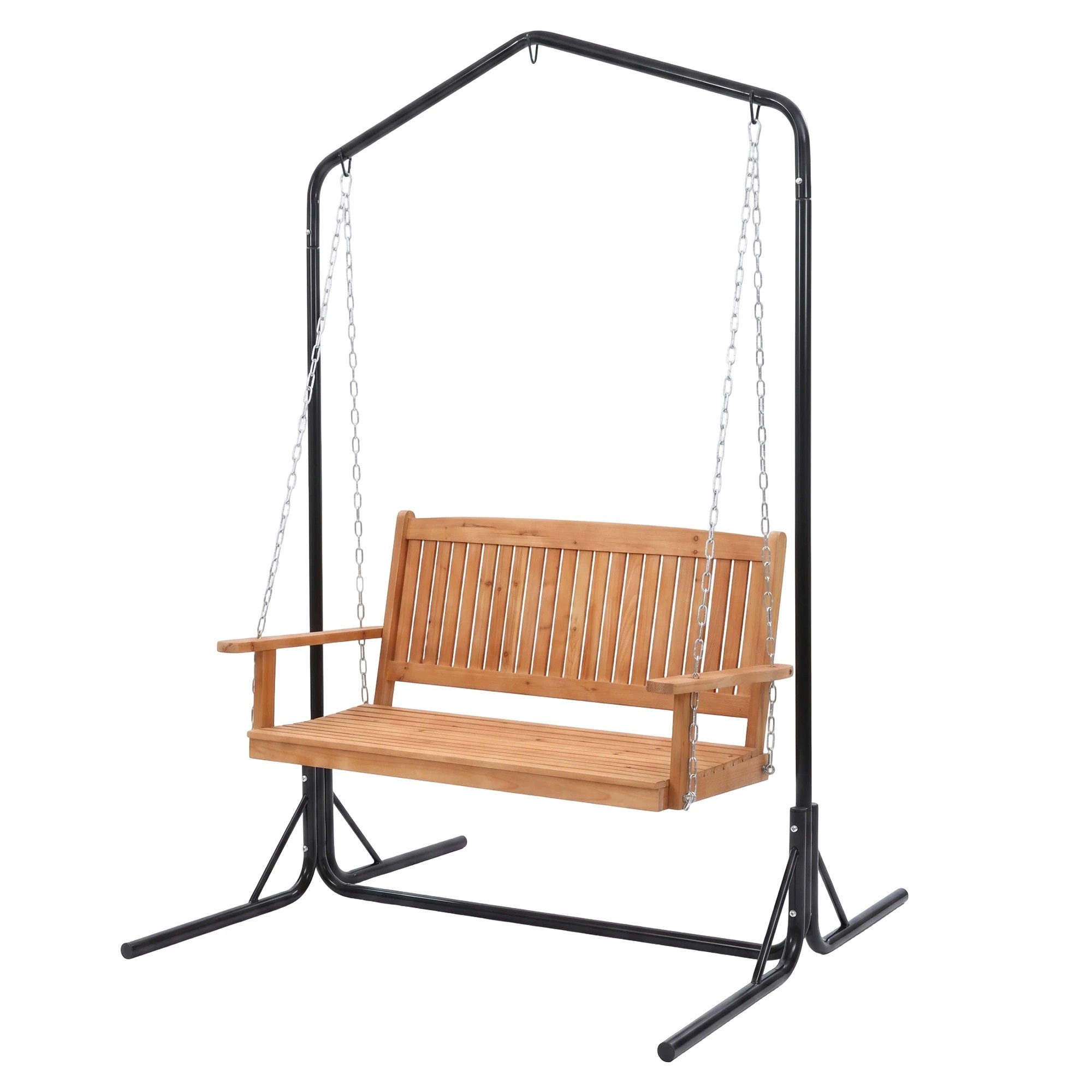1 Gardeon Wooden 2-Seater Outdoor Swing Chair with Stand Hanging Chair Patio Garden Furniture 200kg Capacity - Multi, 1 of 7