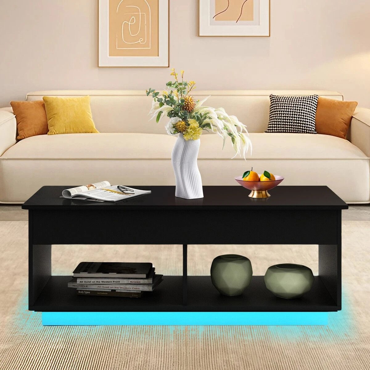 2 Ausway Lift Top Coffee Table Cocktail Sofa Tea Dining Desk with LED Lights Storage Work Center Cafe Living Sitting Room, 2 of 3