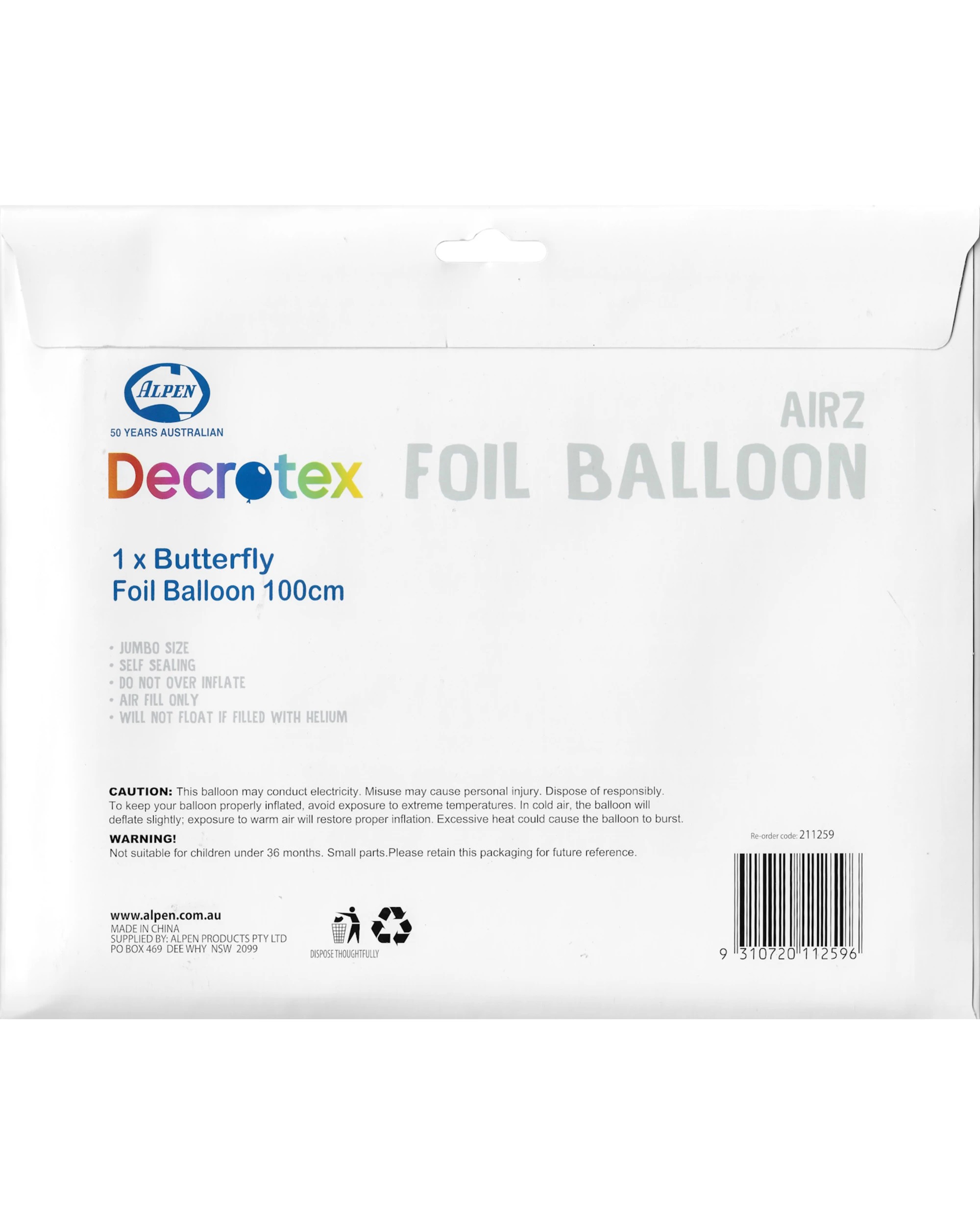 3 Alpen Airz Iridescent Butterfly Air Fill Foil Balloon 100cm - Metallic, 3 of 3