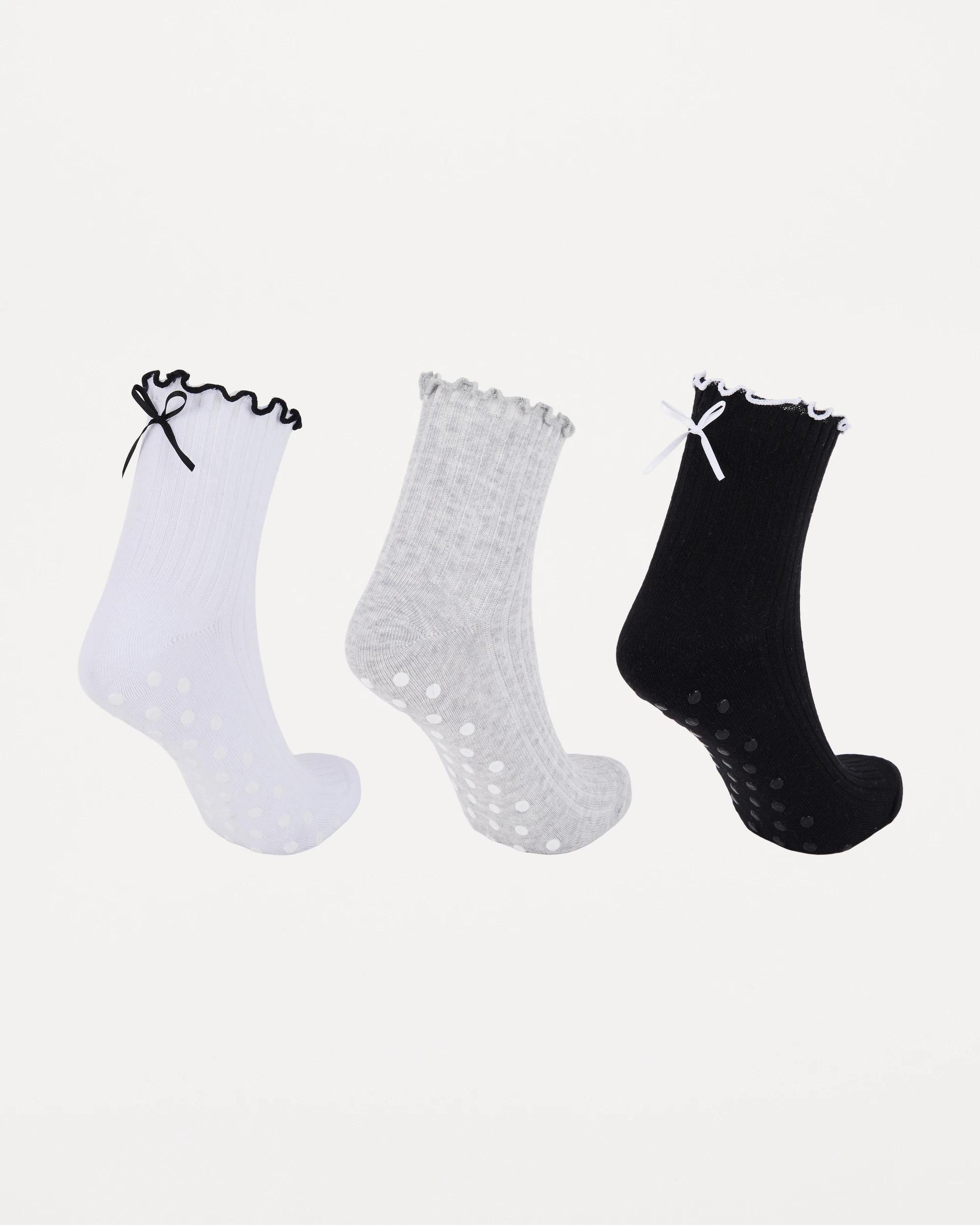 2 3 Pack Frill Quarter Crew Non-Slip Socks Monochrome, 2 of 3