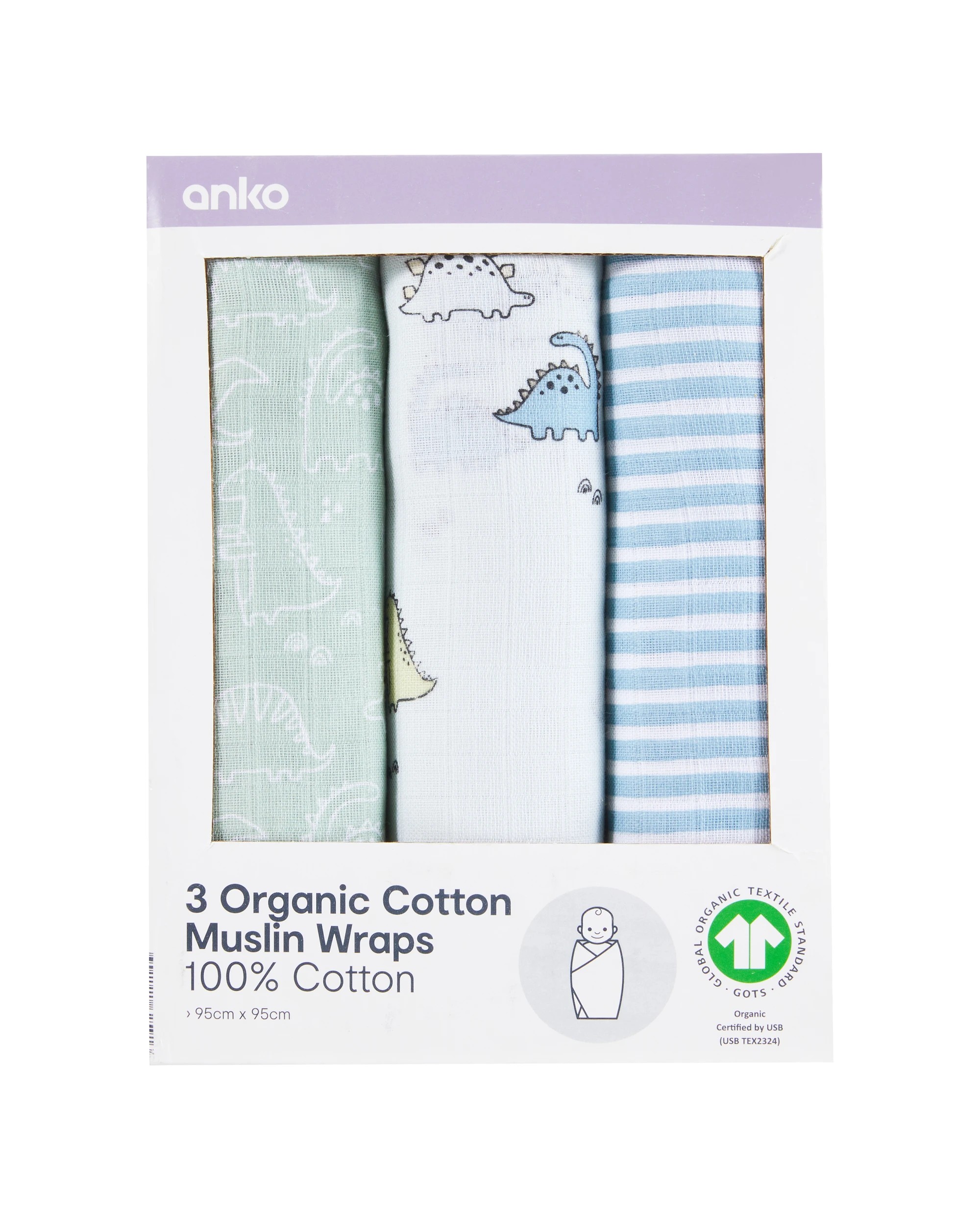 1 3 Pack Organic Cotton Muslin Wraps - Dino, 1 of 7
