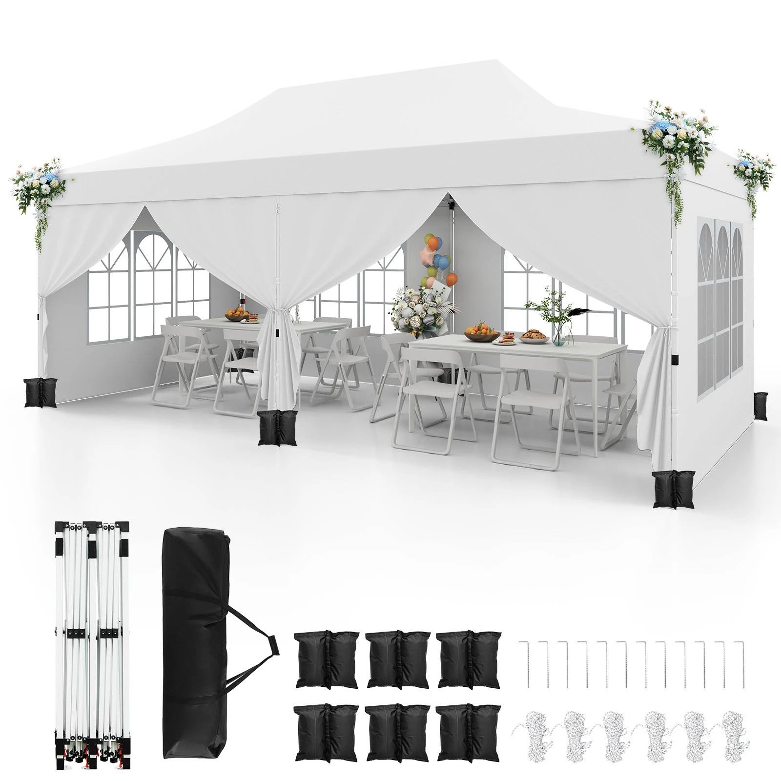 1 Costway Gazebo 3×6m Pop up Marquee UPF50+ Wedding Party Tent Side Wall - White, 1 of 3