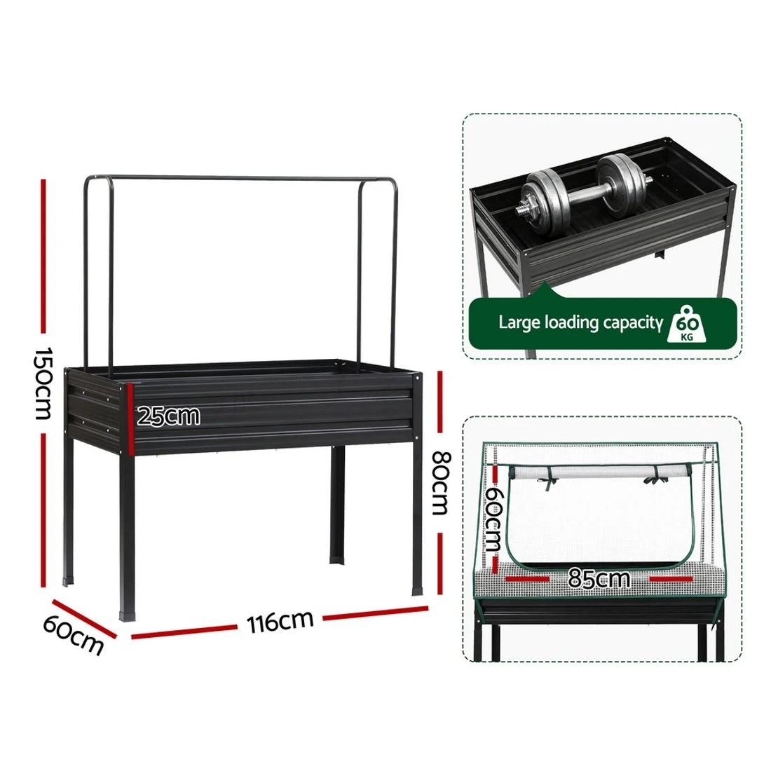 2 Green Fingers Elevated Metal Garden Bed Kit w Mini Greenhouse Cover 116x60cm Stand-Up Height Trellis - Multi, 2 of 4