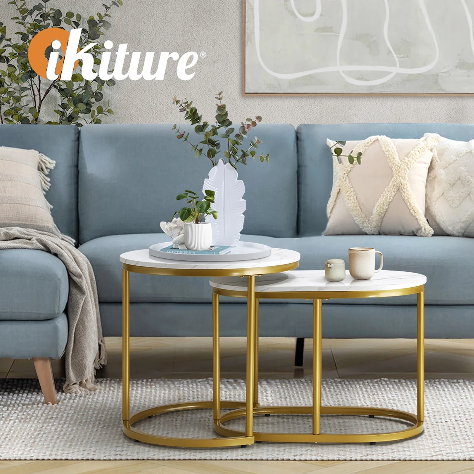 5 Oikiture Set Of 2 Coffee Table Round Oval Marble-like Nesting Side Tables
 - Multi, 5 of 10