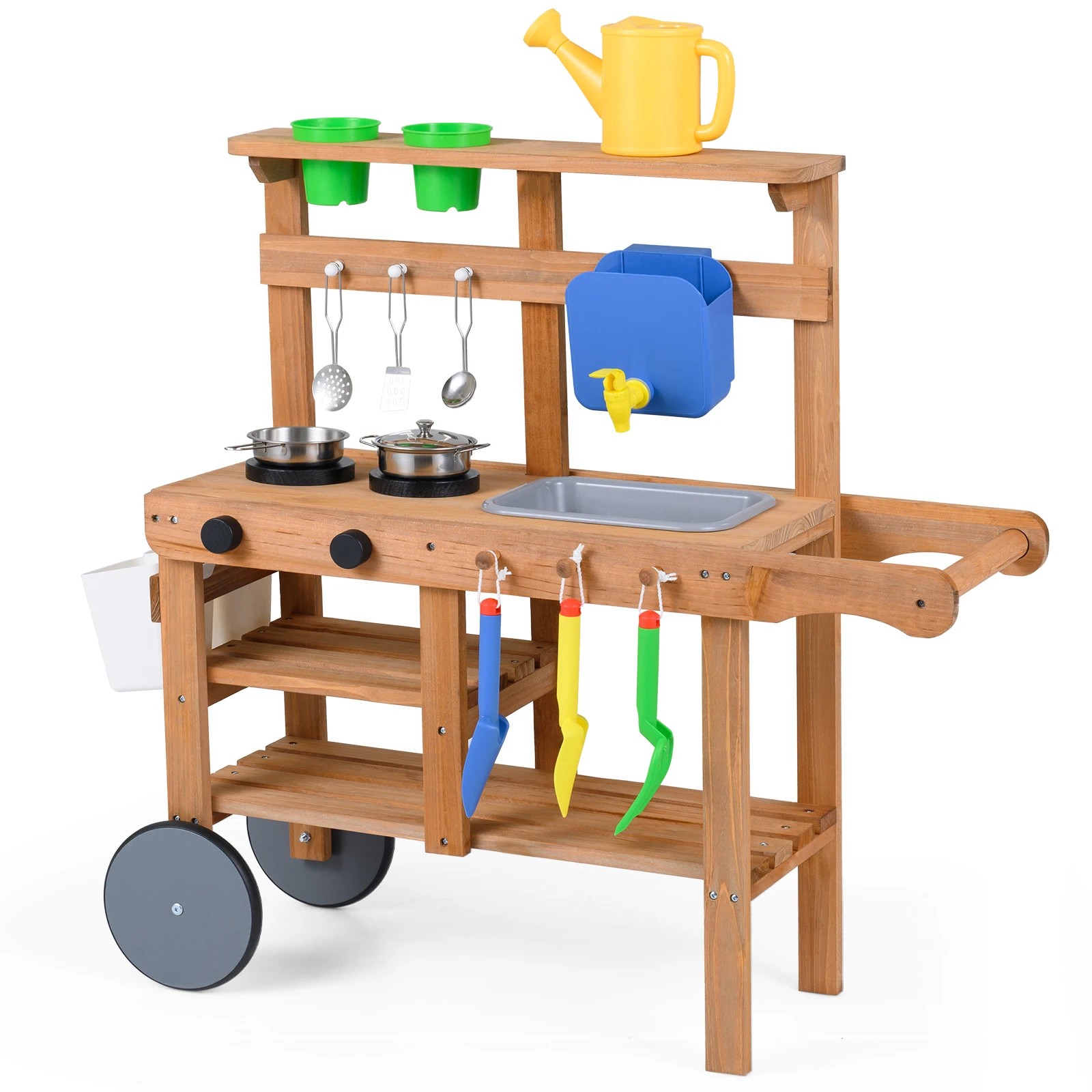 1 Costway Mud Kitchen Rolling Outdoor Play Kitchen Pretend Playset w/Flowerpots - Natural, 1 of 4