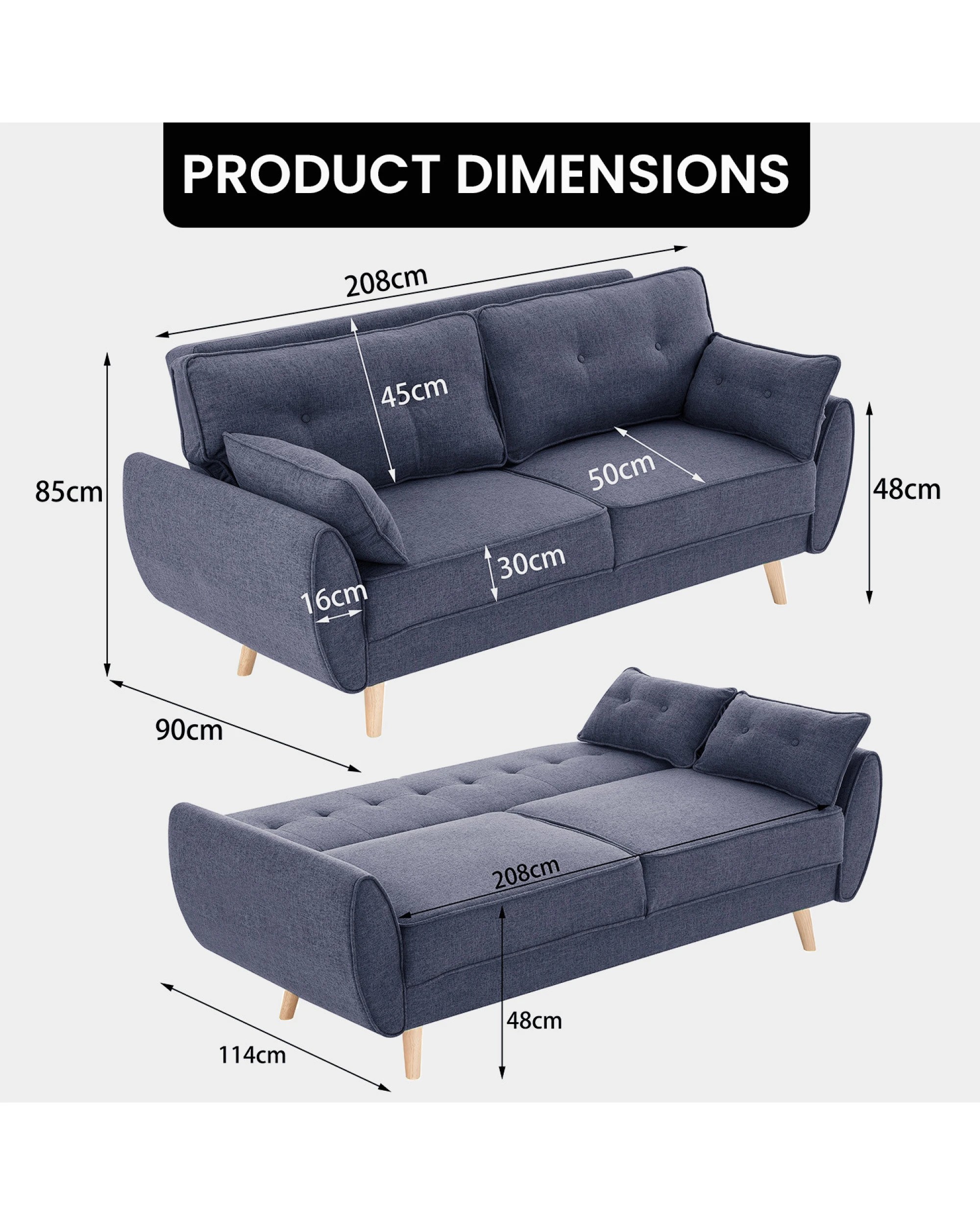 2 Sarantino 3 Seater Modular Linen Fabric Wood Sofa Bed Couch- Dark Grey, 2 of 10