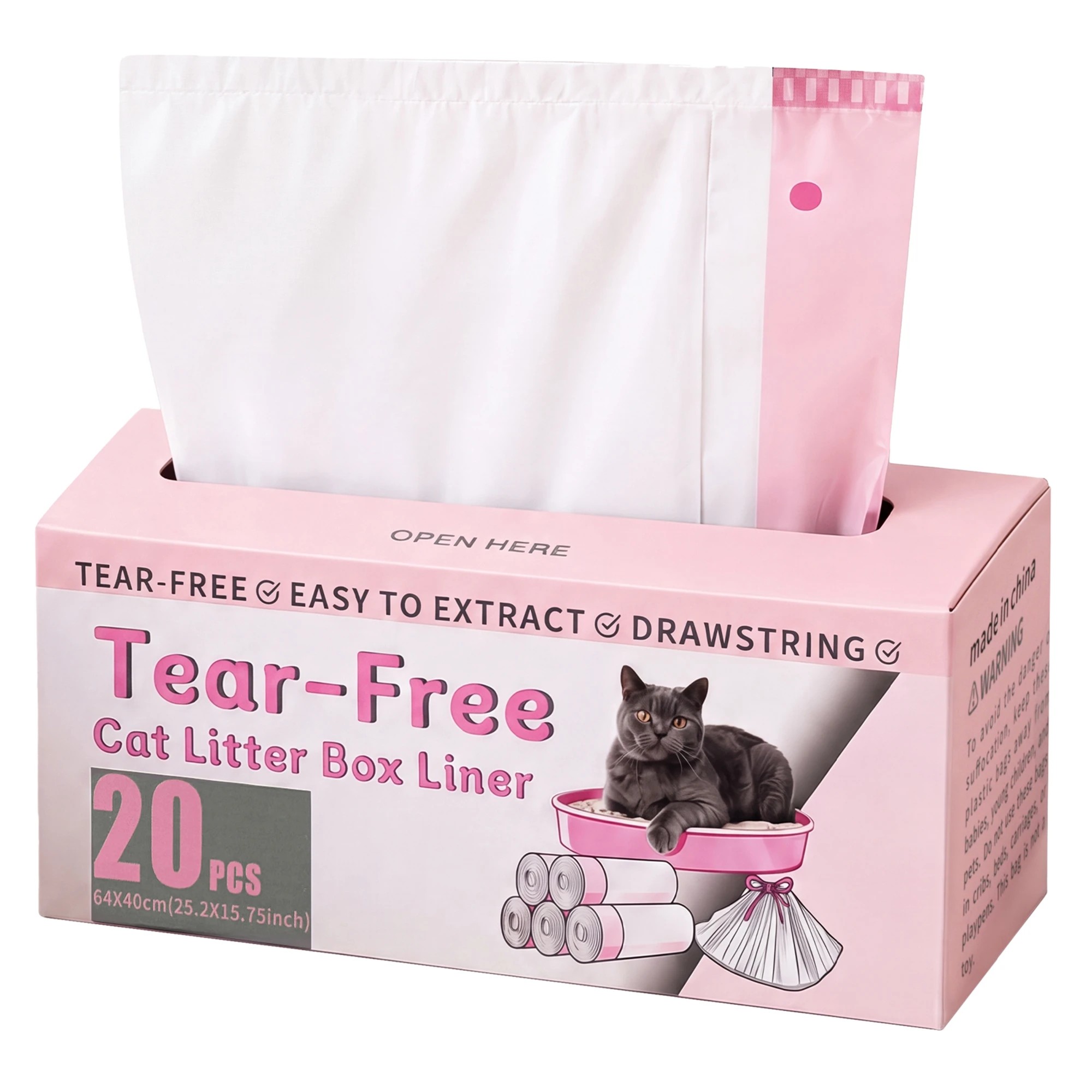 1 Pawz Cat Litter Bags 120 Count Drawstring 64 x 40cm 10kg HDPE White Pink, 1 of 8