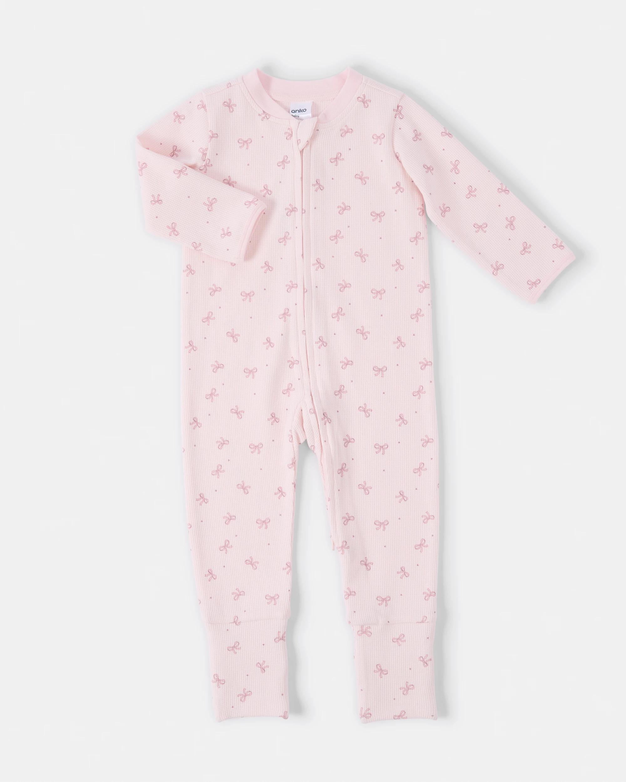 1 Cotton Waffle Turn Cuff Coverall Pnk Bows, 1 of 3