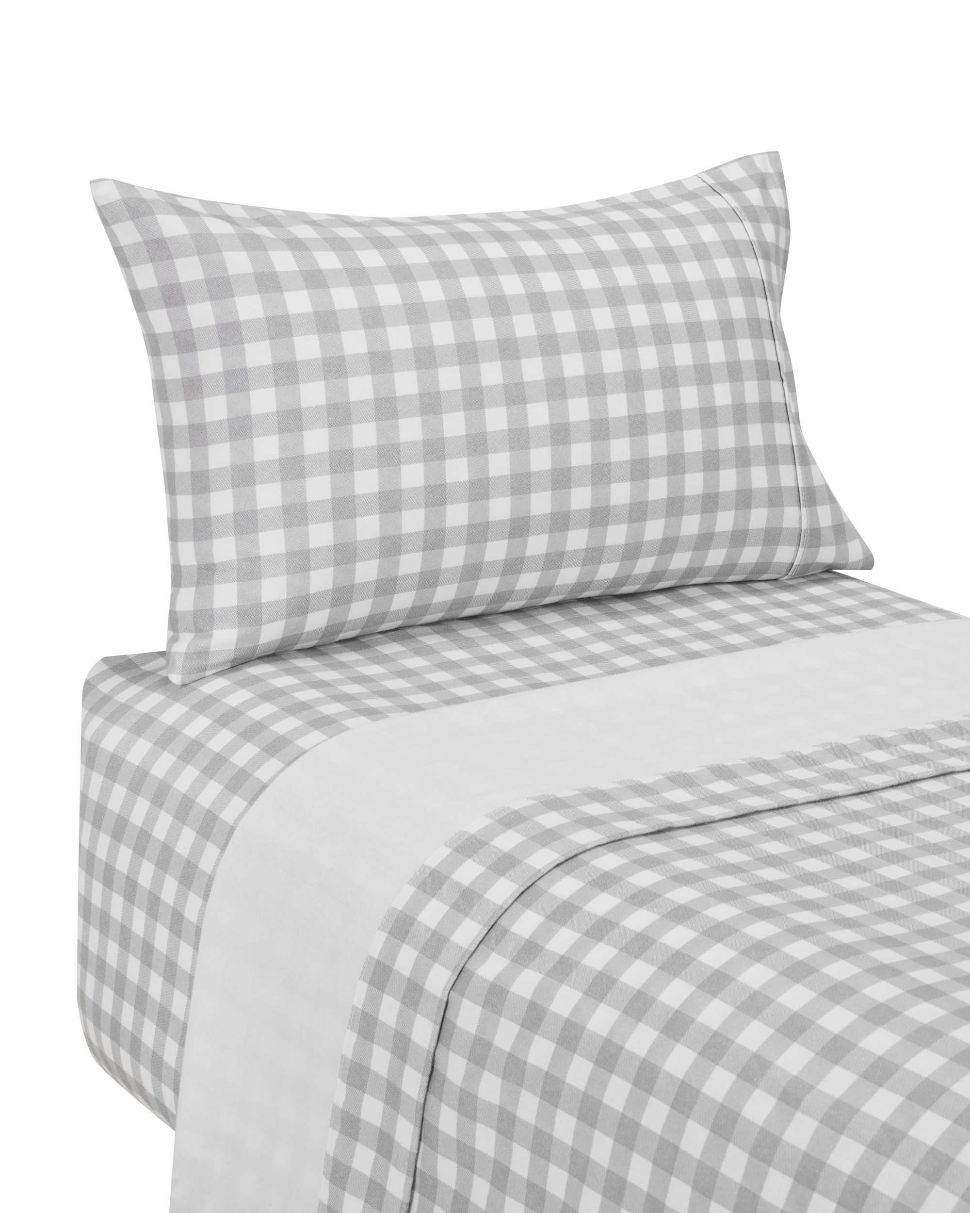 5 Gingham Cotton Flannelette Sheet Set - Single Bed, Grey, 5 of 7