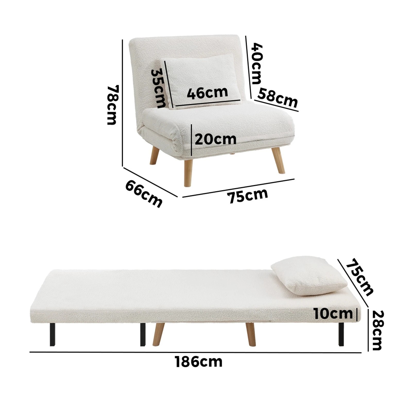 8 Oikiture Sofa Bed Lounge Chair Sherpa Fabric Recliner Wood Leg Single Seat
 - White, 8 of 8