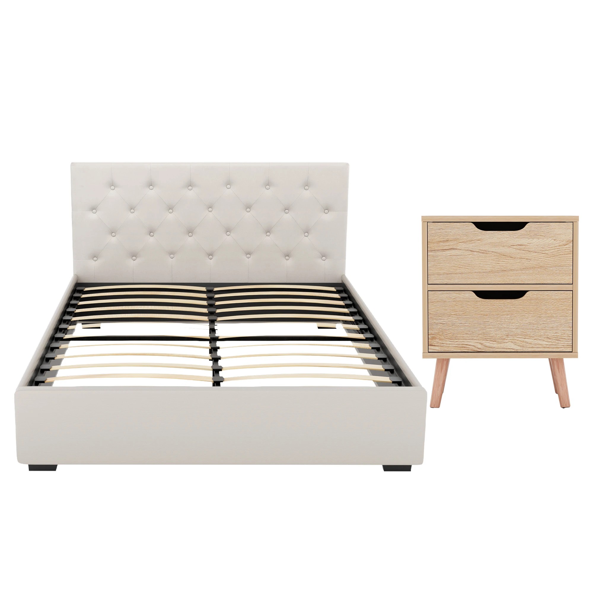 1 Artiss Double Bed Frame with Storage and Bedside Table Set Tufted Gas Lift Bed Base and 2-Drawer Nightstand - Multi, 1 of 8