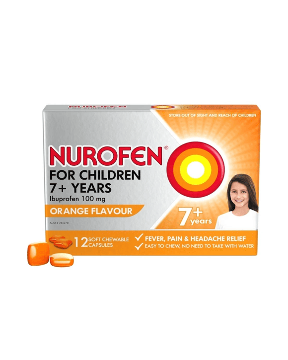 12 Pack Nurofen Ibuprofren for Children Orange Flavour 100mg Capsules