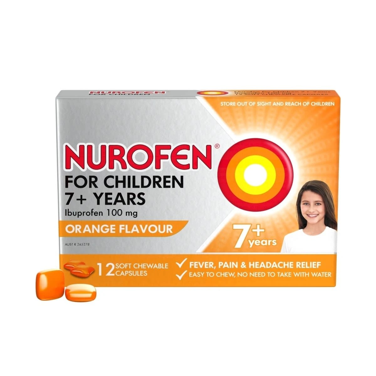 1 12 Pack Nurofen Ibuprofren for Children Orange Flavour 100mg Capsules, 1 of 10