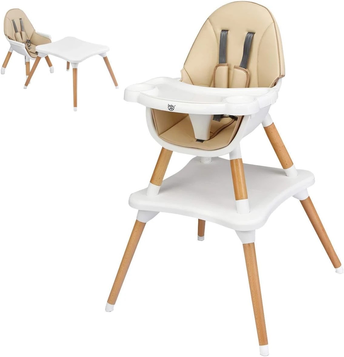 1 Costway Convertible Baby High Chair Wooden Khaki, 1 of 2