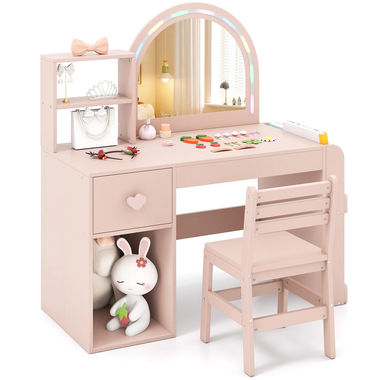 1 Costway Vanity Set Princess Makeup Dressing Table Chair Set w/Lighted Mirror Girls Gift Pink - Pink, 1 of 4