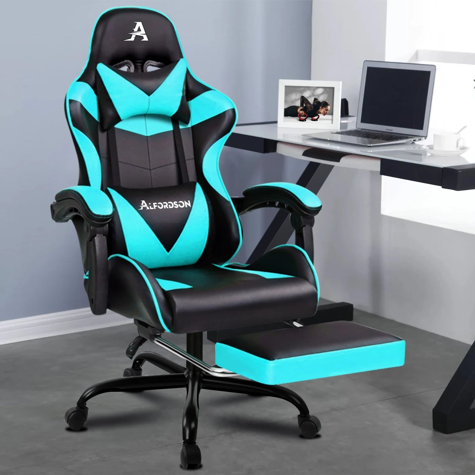 2 Alfordson Gaming Chair Office Executive Racing Footrest Seat PU Leather - Cyan, 2 of 10