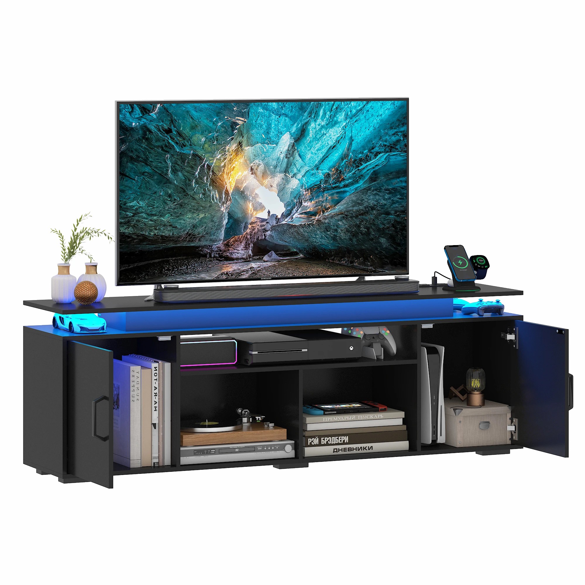7 Advwin LED TV Cabinet 140cm Entertainment Center TV Stand Media Console Table Storage Cabinets - Black, 7 of 9