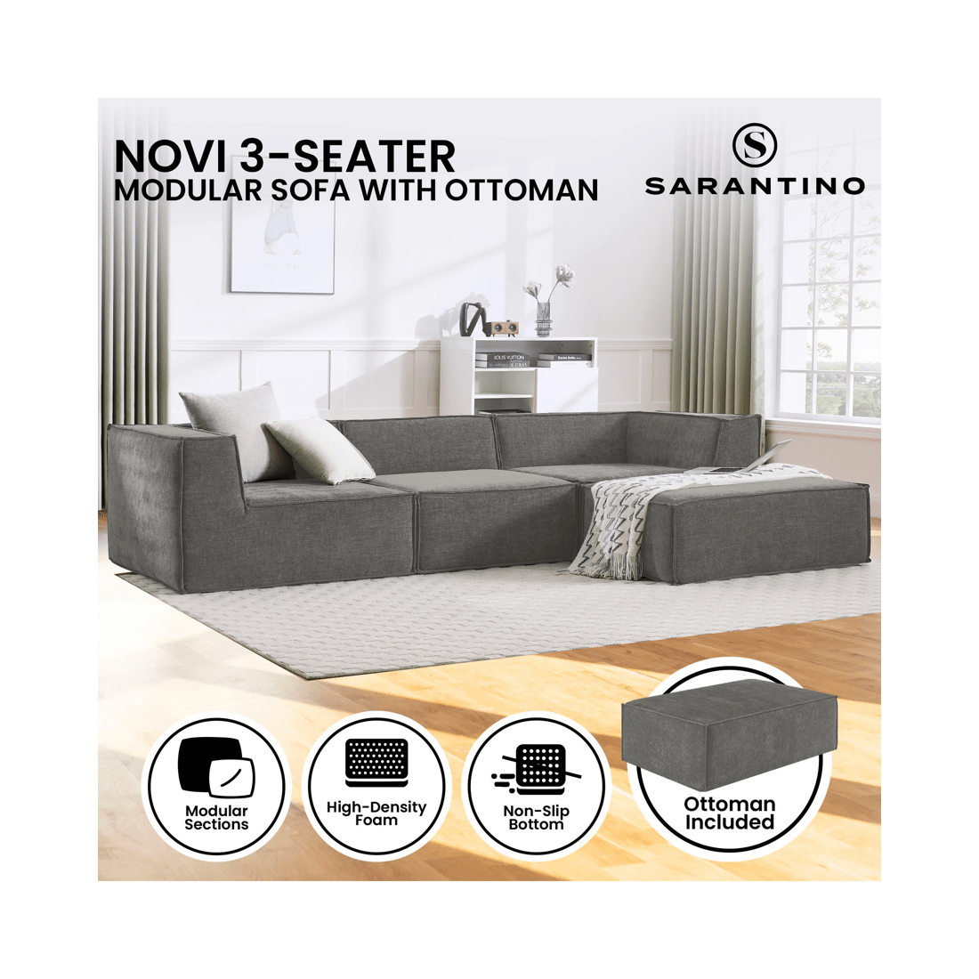 2 Sarantino Novi 3-seater Modular Sofa With Ottoman In Grey Non-slip Bottom Lounge, 2 of 9