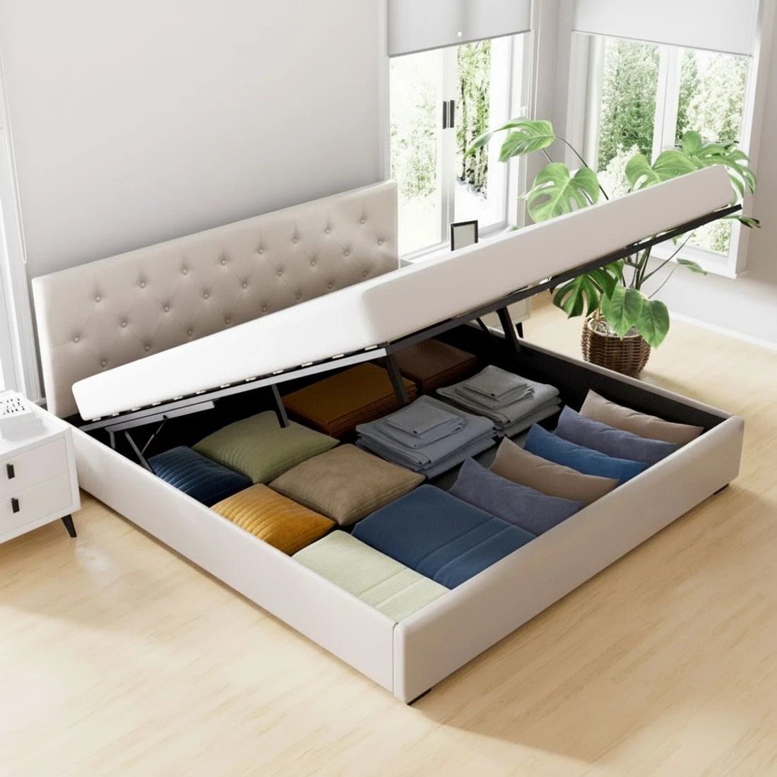 4 Artiss Bed Frame King Size Gas Lift  VILA - Beige, 4 of 7