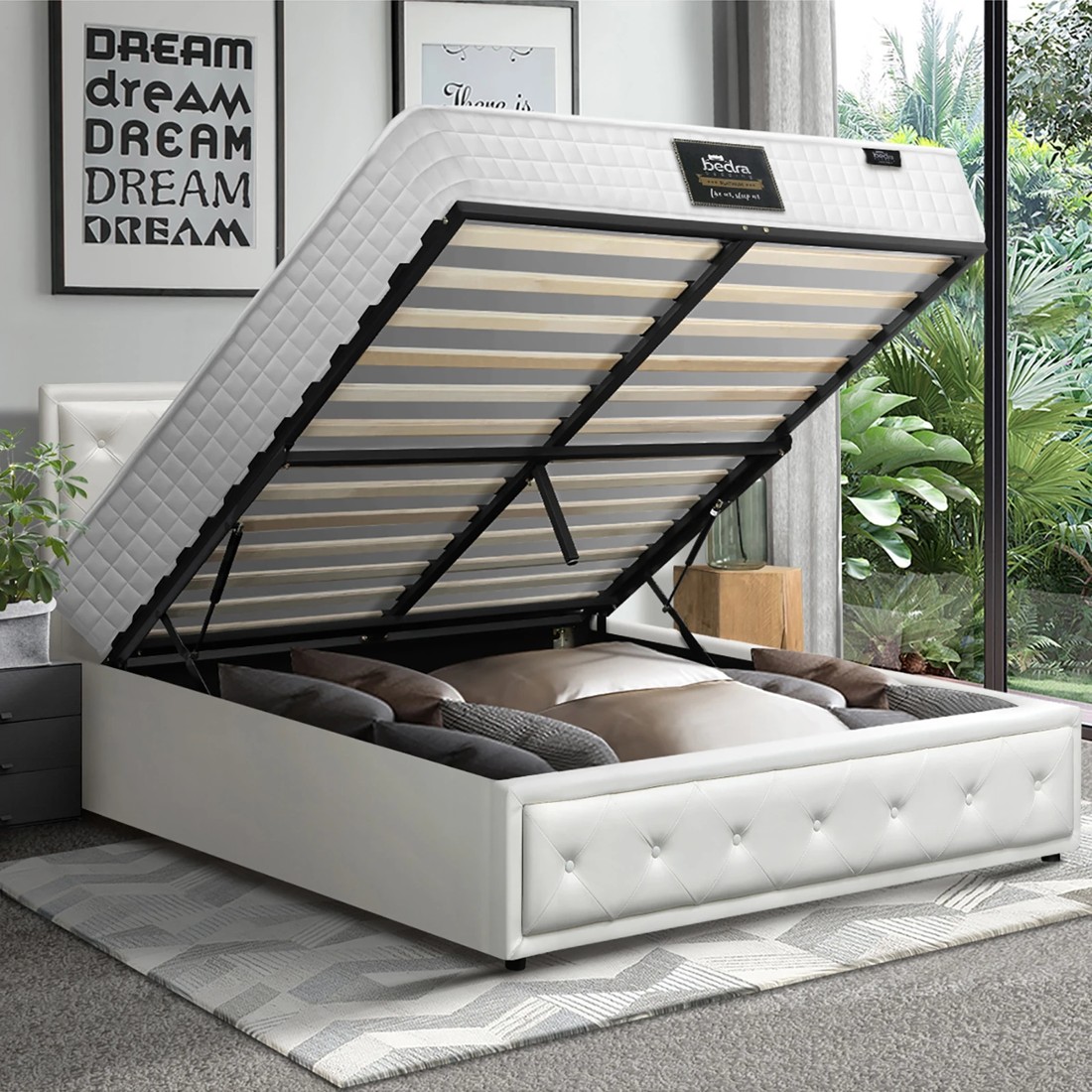 5 Oikiture Bed Frame Queen Size Gas Lift Storage Mattress Base Leather - White, 5 of 8