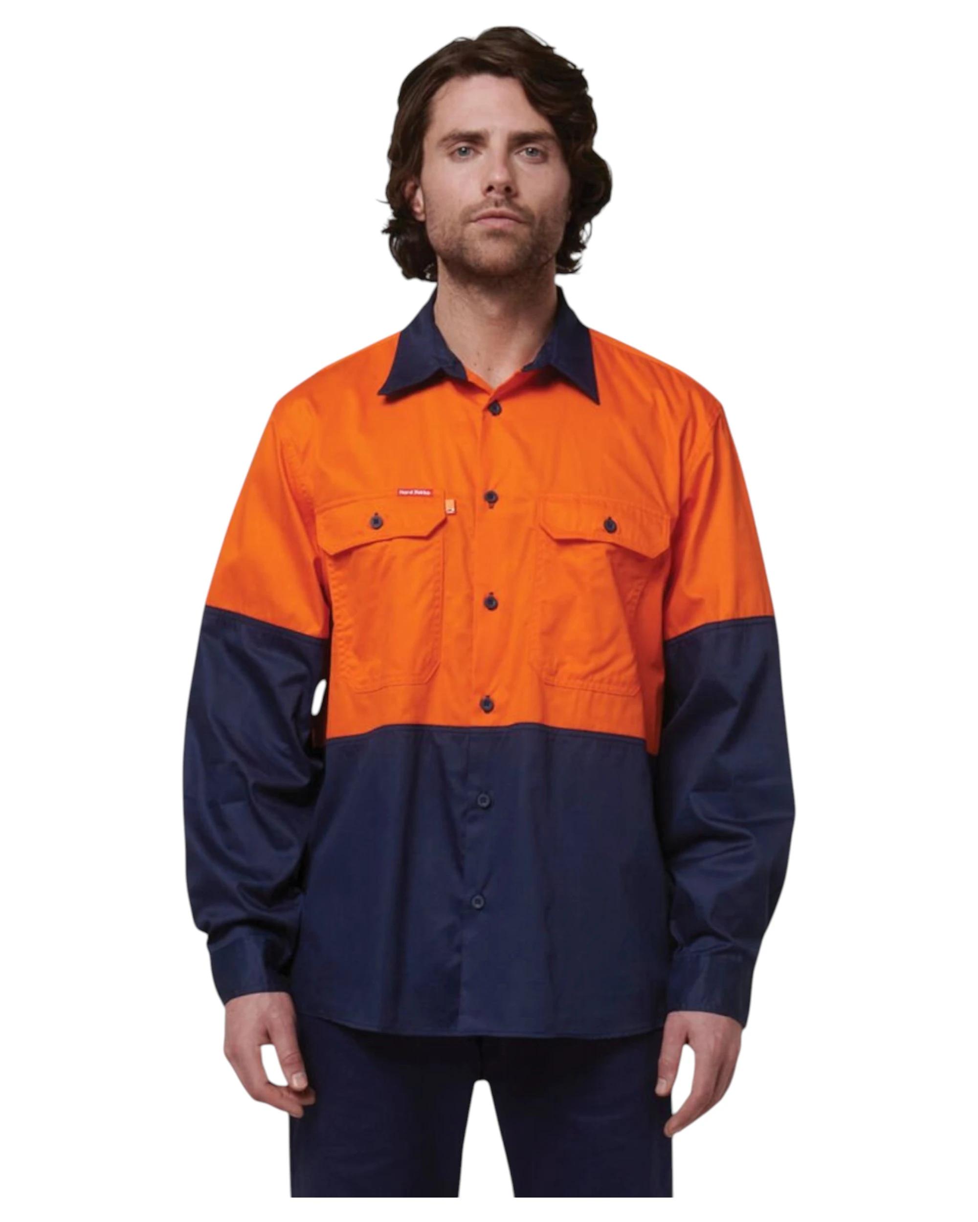4 Hard Yakka  Basic 2 Tone Long Sleeve Vented Drill Shirt Orange Navy ORANGE/NAVY, 4 of 6