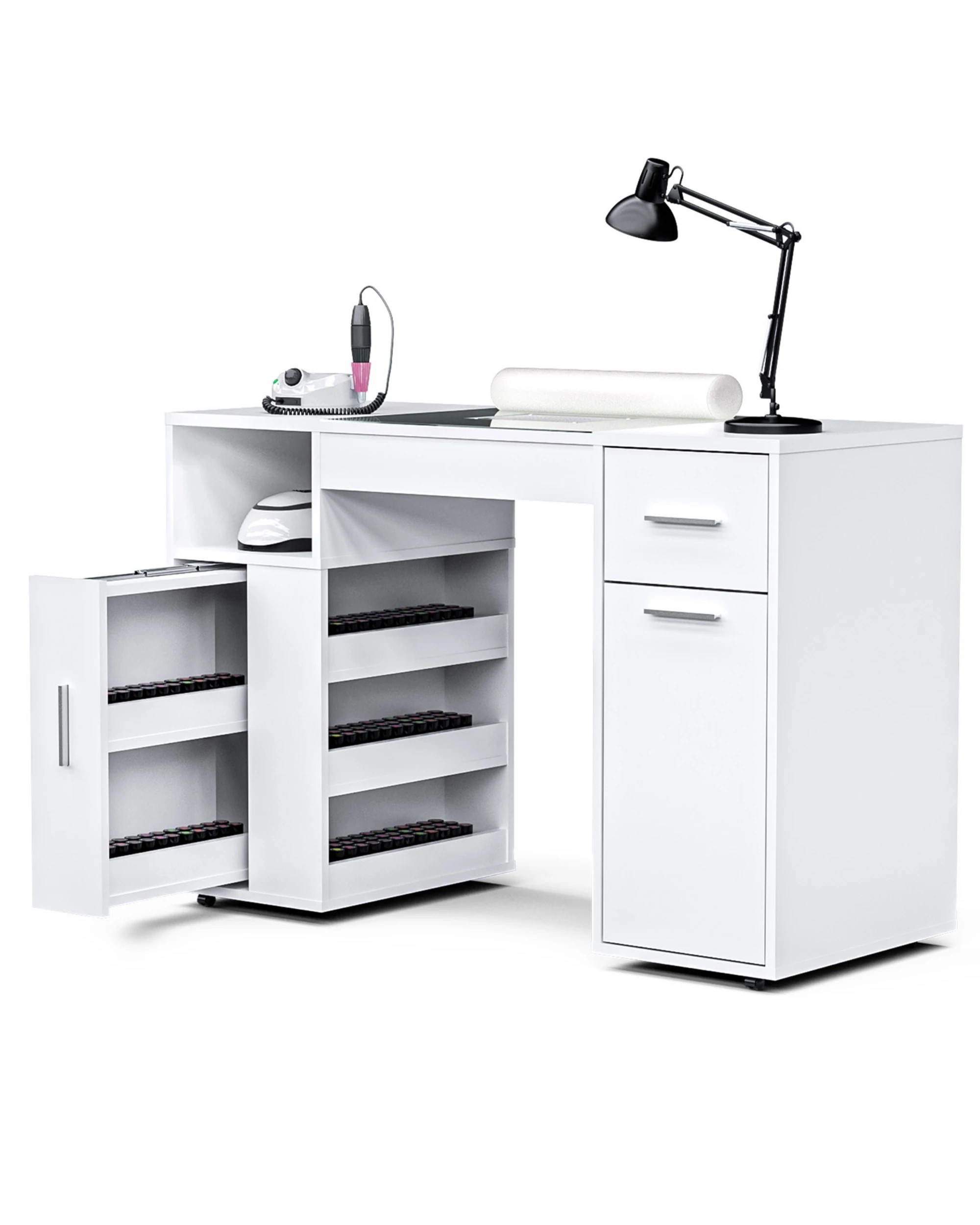 3 Advwin Manicure Table Vanity Desk With Dust Collector Glass Top Storage Cabinet - White, 3 of 4