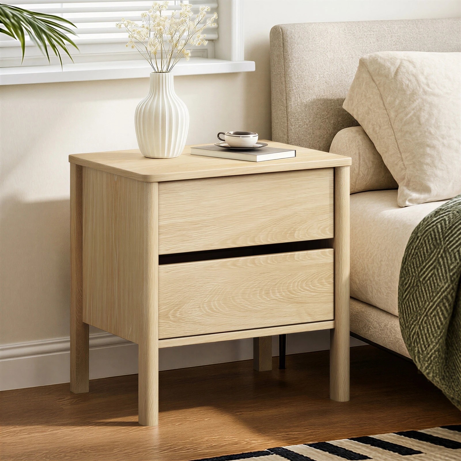 3 Oikiture Bedside Table 2 Drawers Side Table Nightstand Handle-free - Natural, 3 of 9