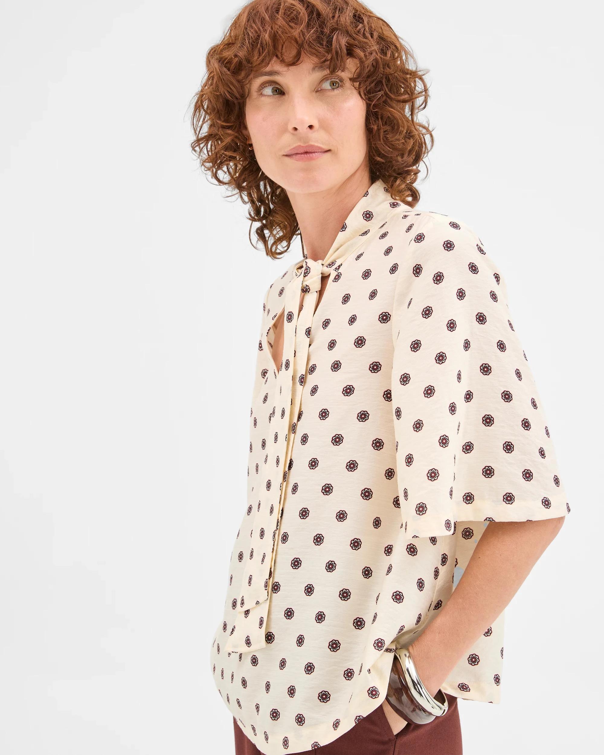 4 Preview Short Sleeve Tie Neck Blouse DITSY MOTIF, 4 of 6