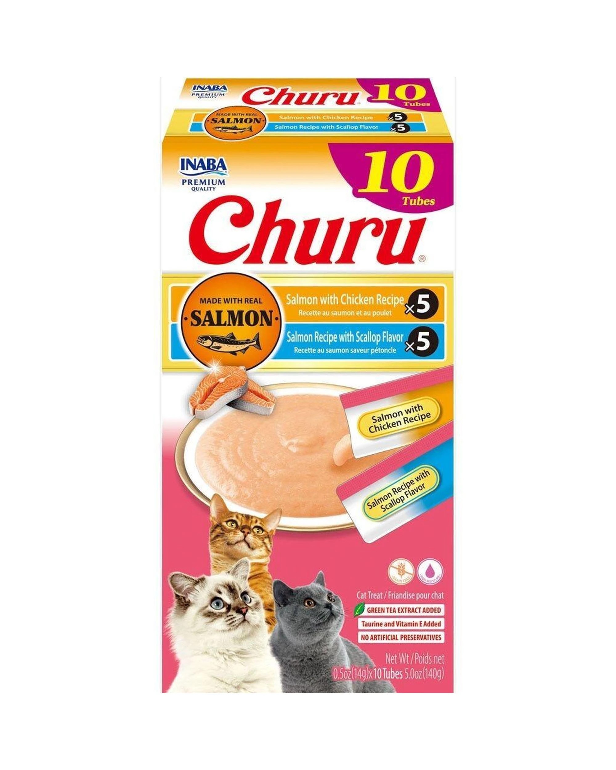 1 Inaba Churu Puree Cat Treats Salmon with Chicken/Scallop Variety Box 10 Pack, 1 of 2